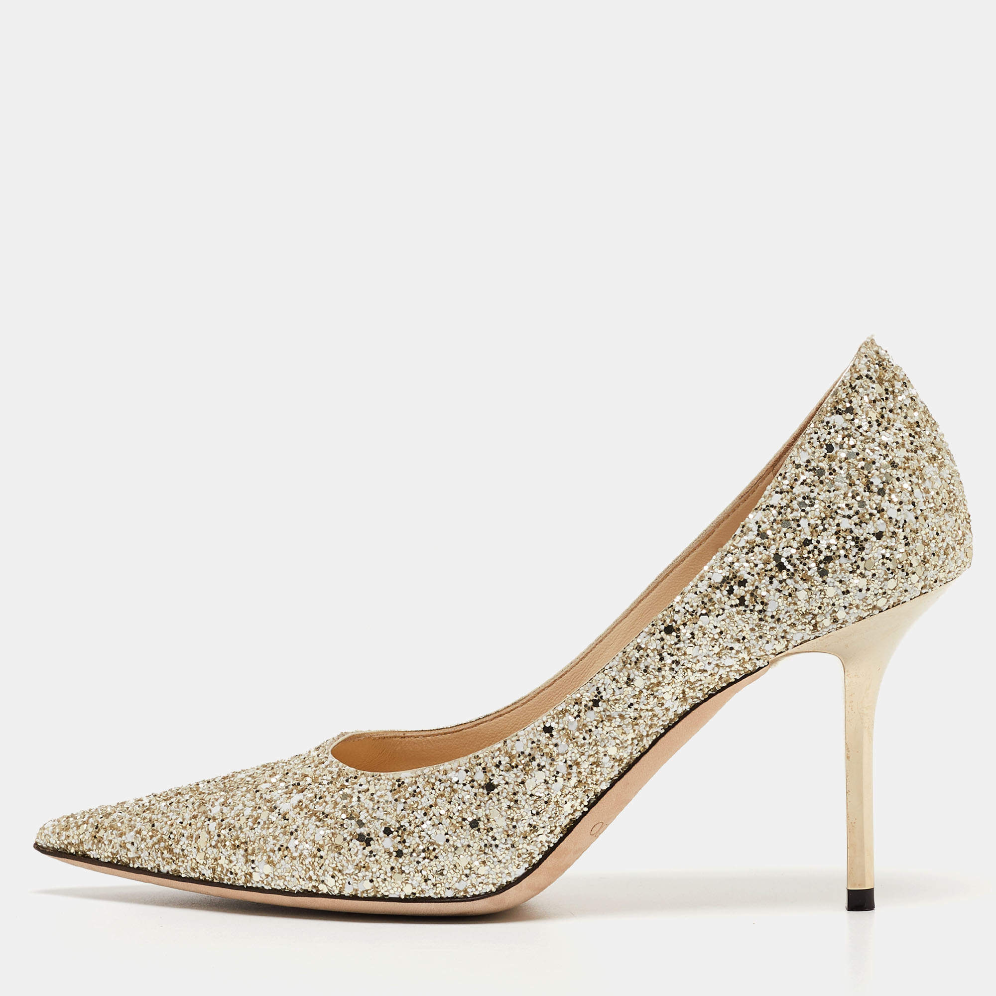 Pre Owned Jimmy Choo Gold/White Coarse Glitter Love Pumps Size 37