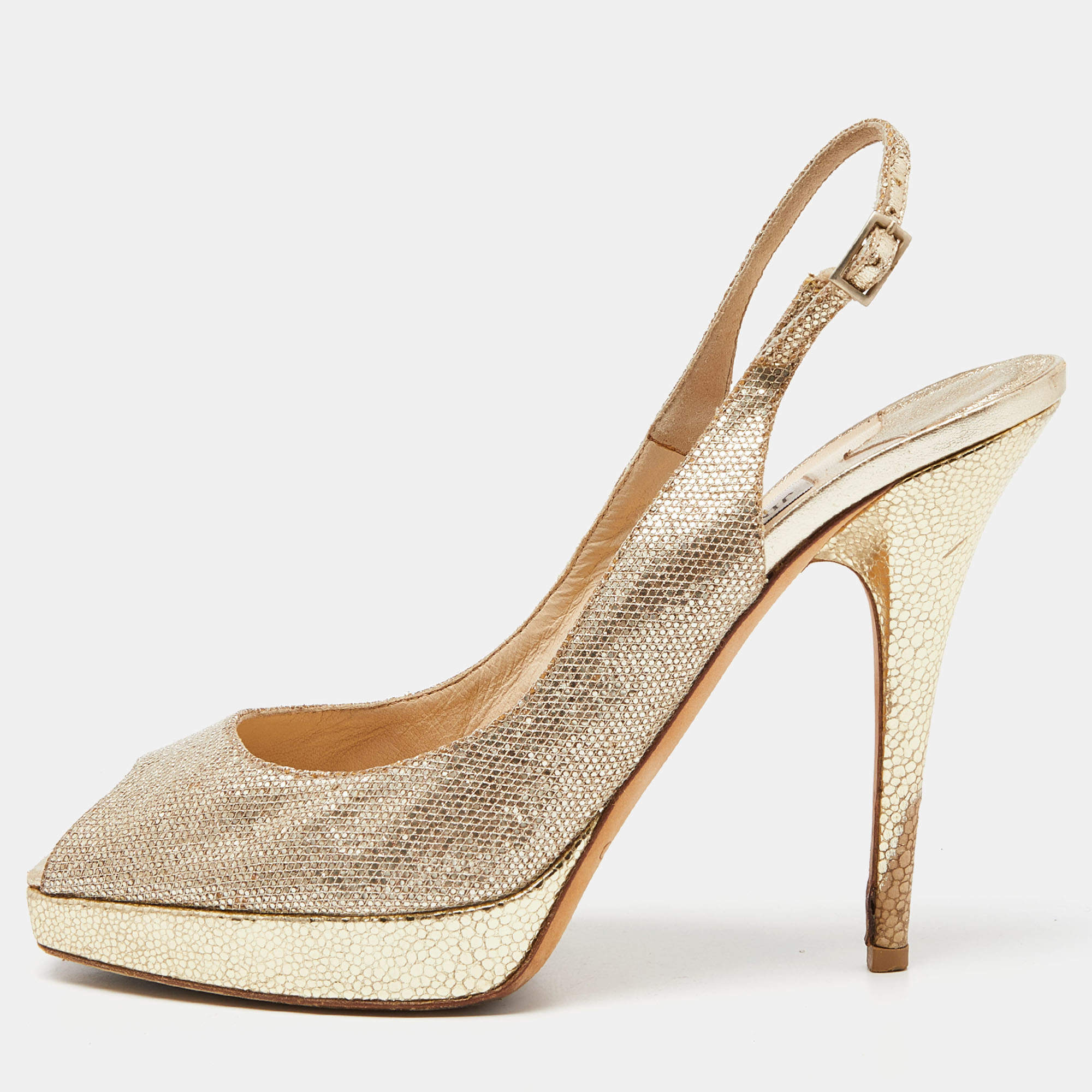 Jimmy Choo Gold  Lurex Fabric Glitter Verity Peep Toe Sandals Size 39