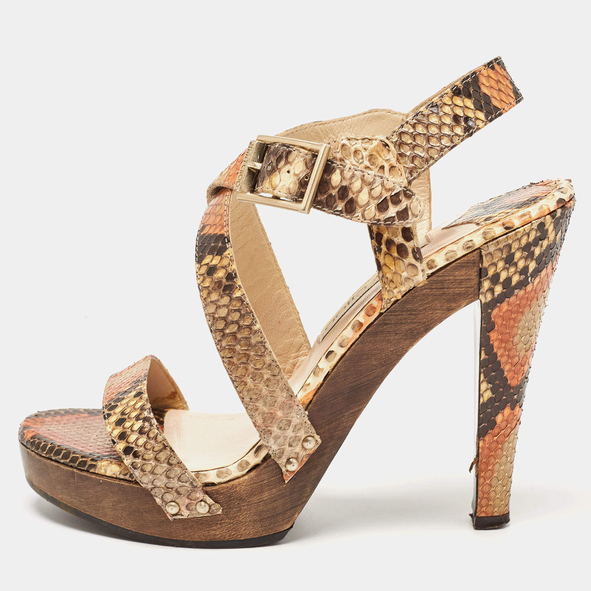 Jimmy Choo Multicolor Python Leather Ankle Strap Sandals Size 37