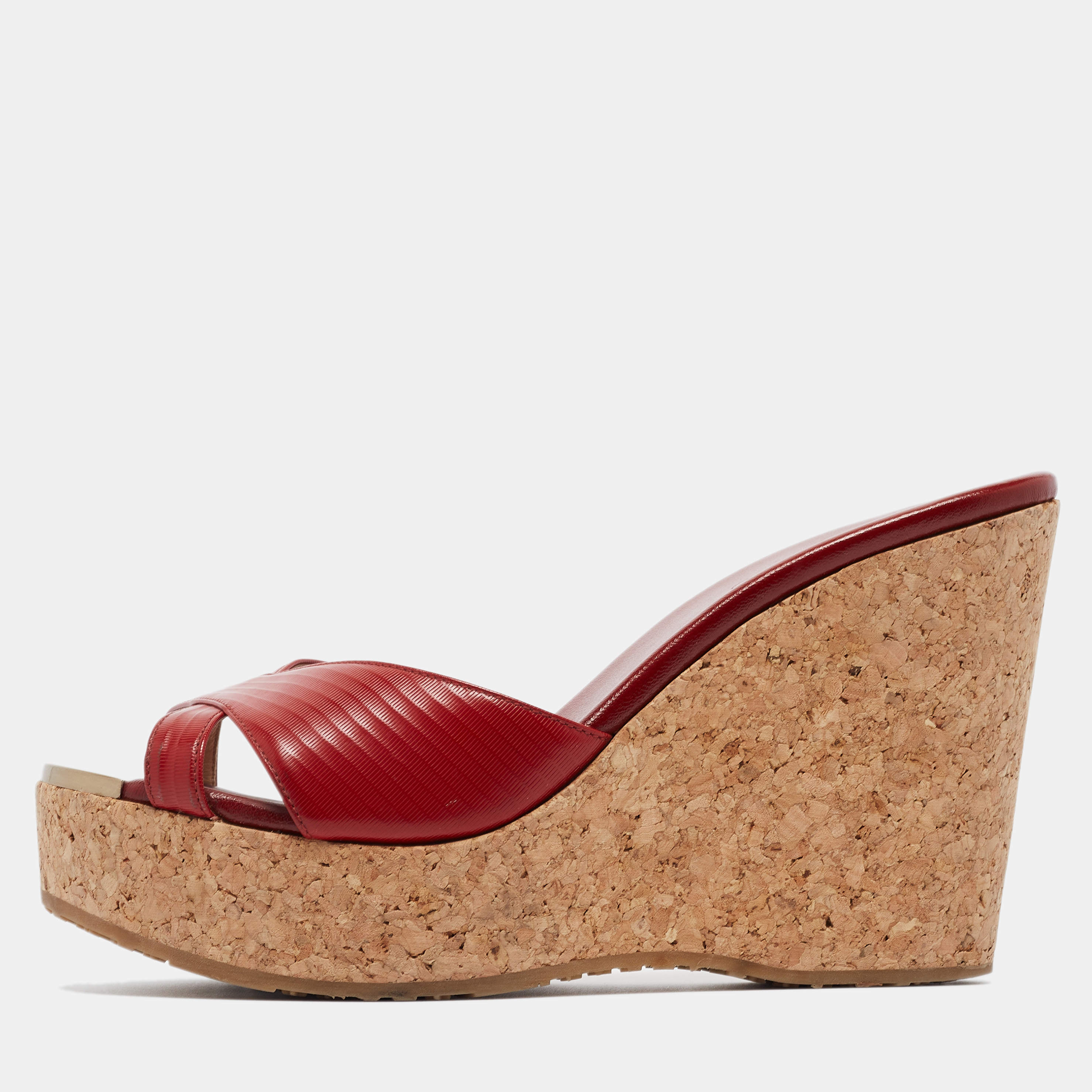 مملوكة مسبقًا Jimmy Choo Red Leather Prima Wedge Sandals Size 38
