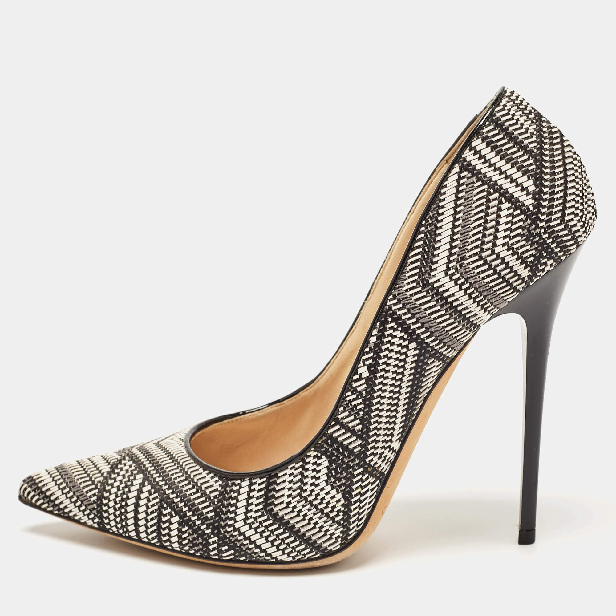 Pre Owned Jimmy Choo Black/White Woven Fabric Anouk Pumps Size 38.5