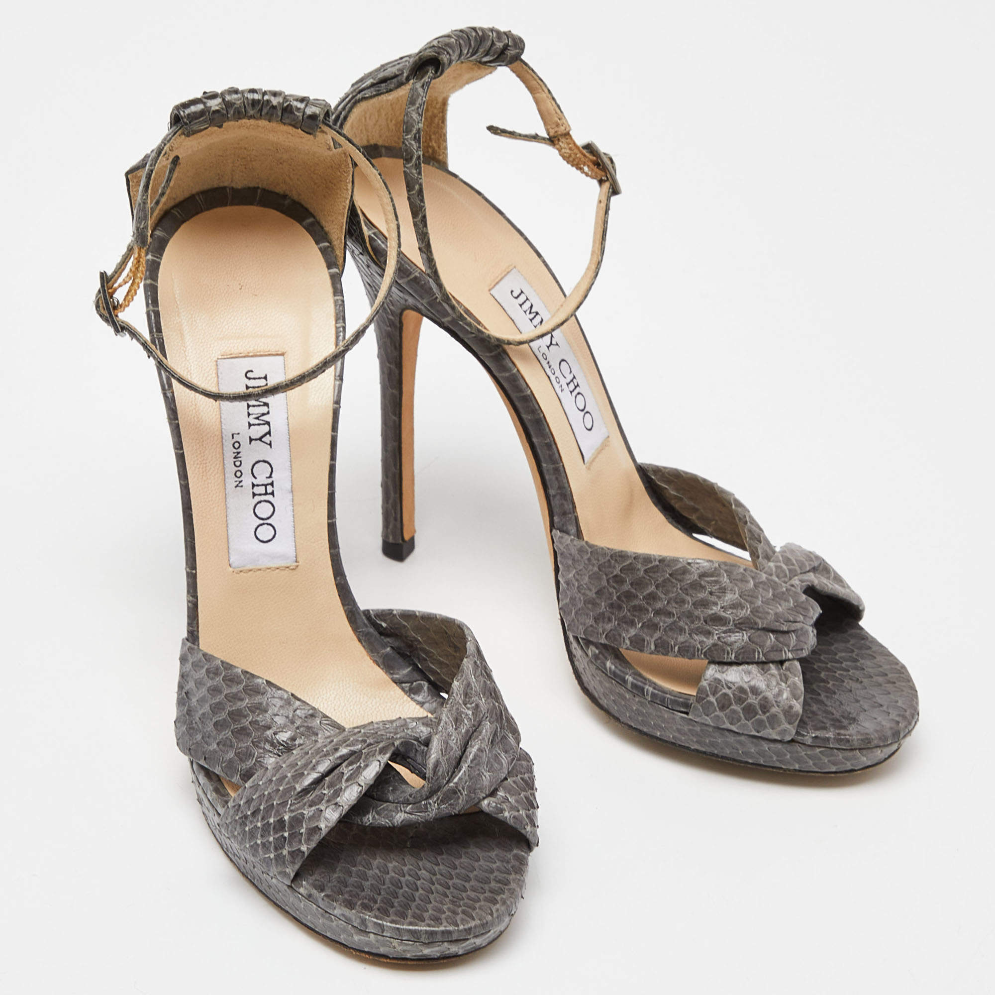 Pre Owned Jimmy Choo Grey Watersnake Leather Greta Sandals Size 36.5