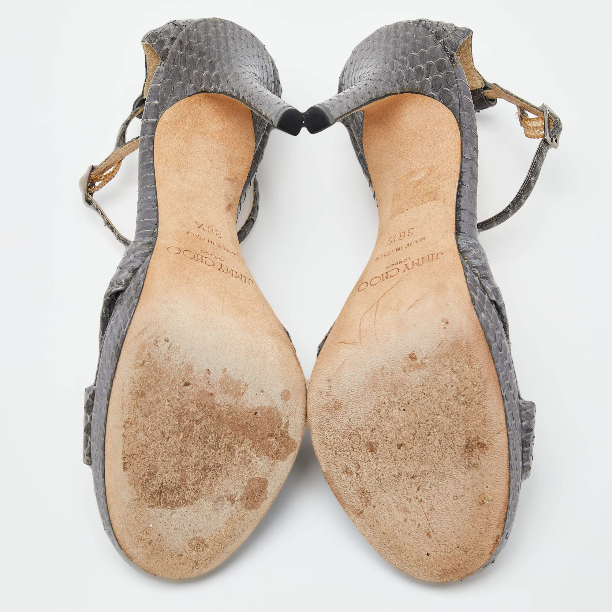 Pre Owned Jimmy Choo Grey Watersnake Leather Greta Sandals Size 36.5