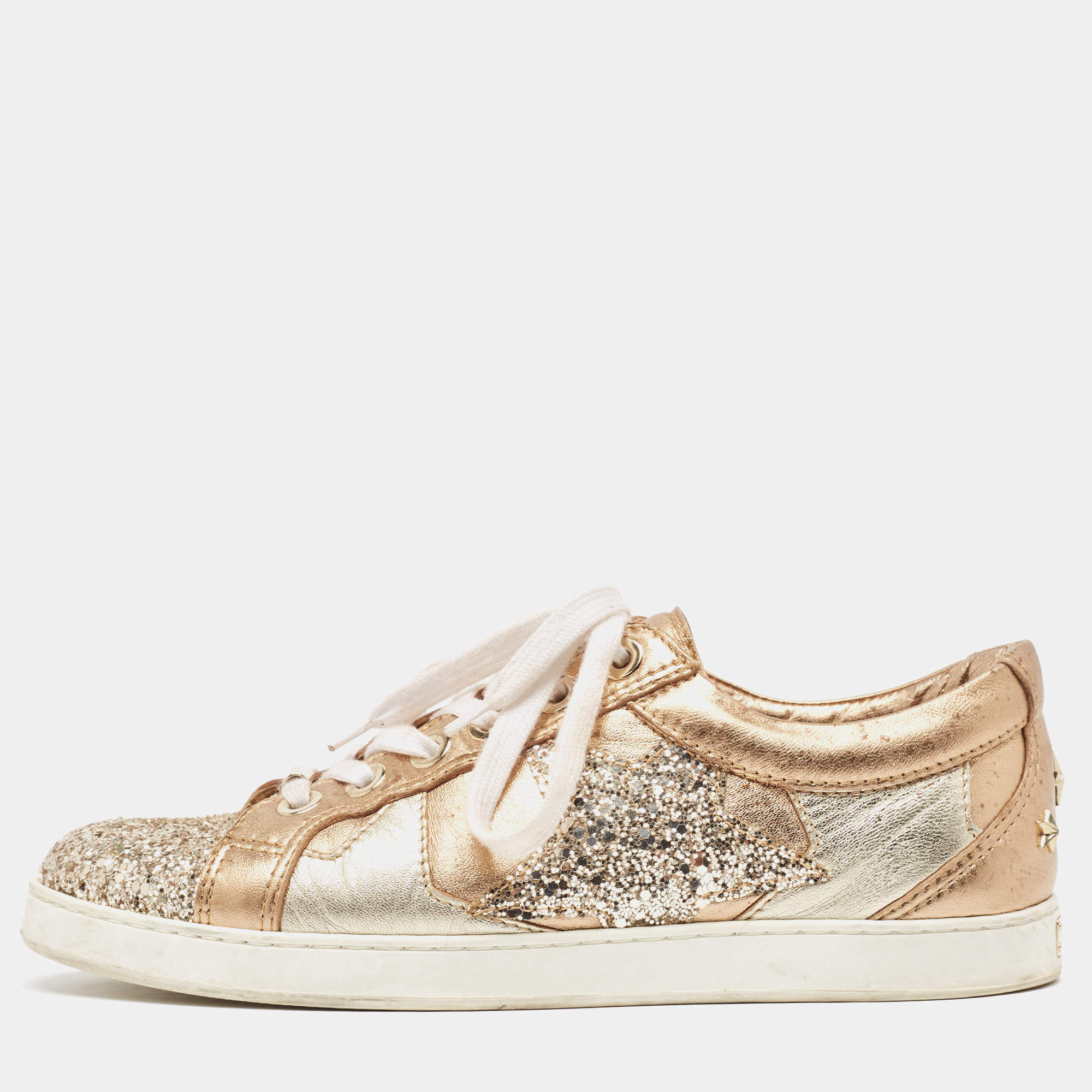 Pre Owned Jimmy Choo Metallic Leather and Glitter Low Top Sneakers Size 39