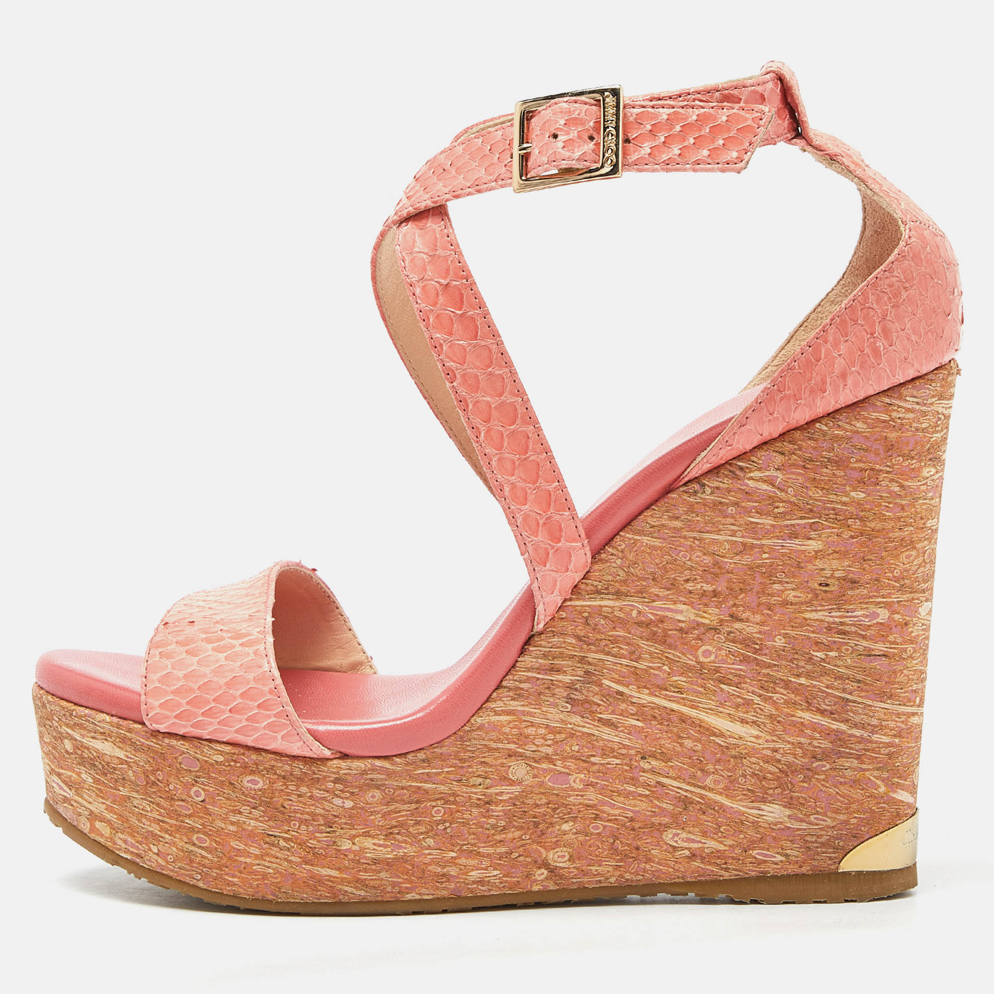 Pre Owned Jimmy Choo Orange Watersnake Leather Cross Strap Platform Wedge Sandals Size 38