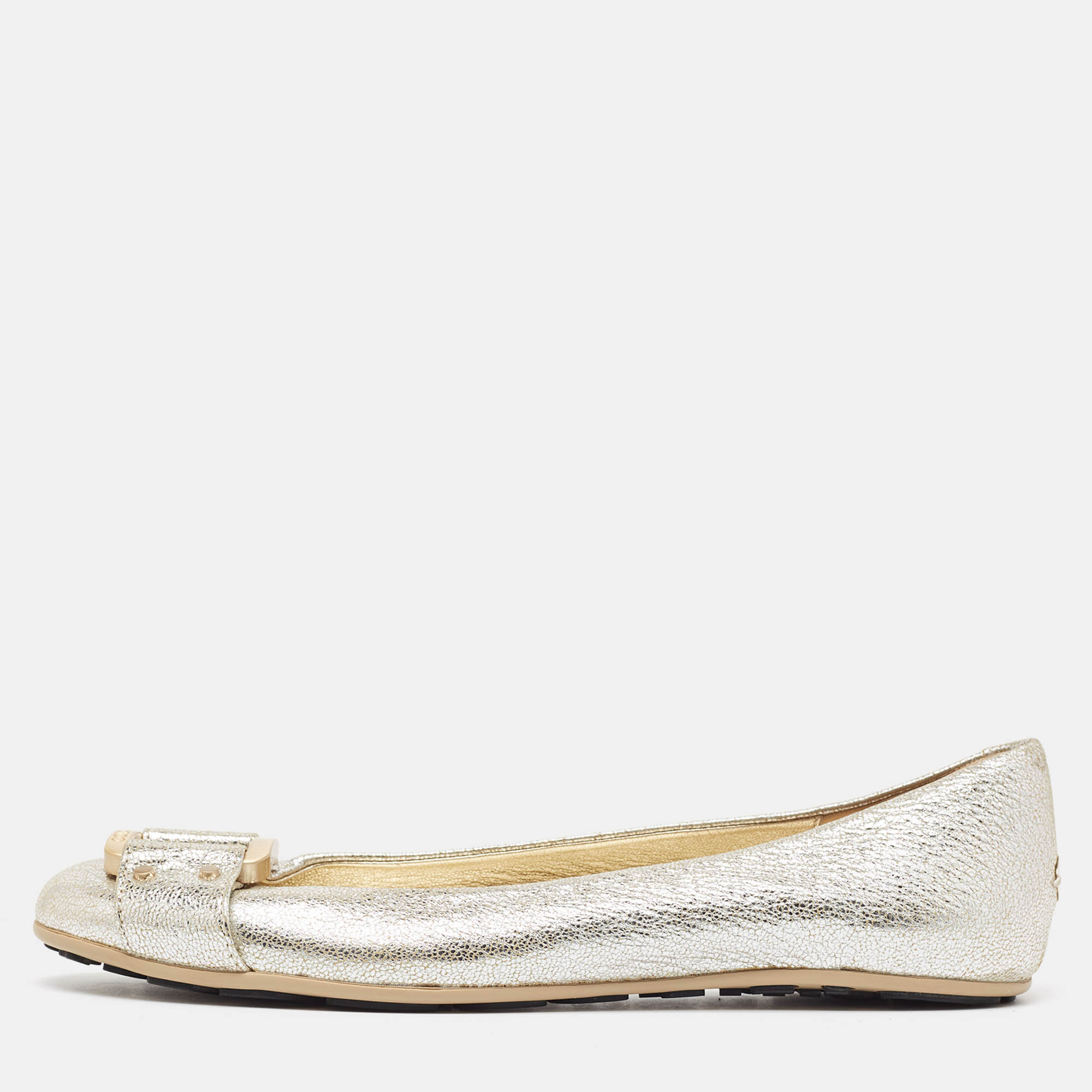 Pre Owned Jimmy Choo Silver Leather Morse Ballet Flats Size 38.5