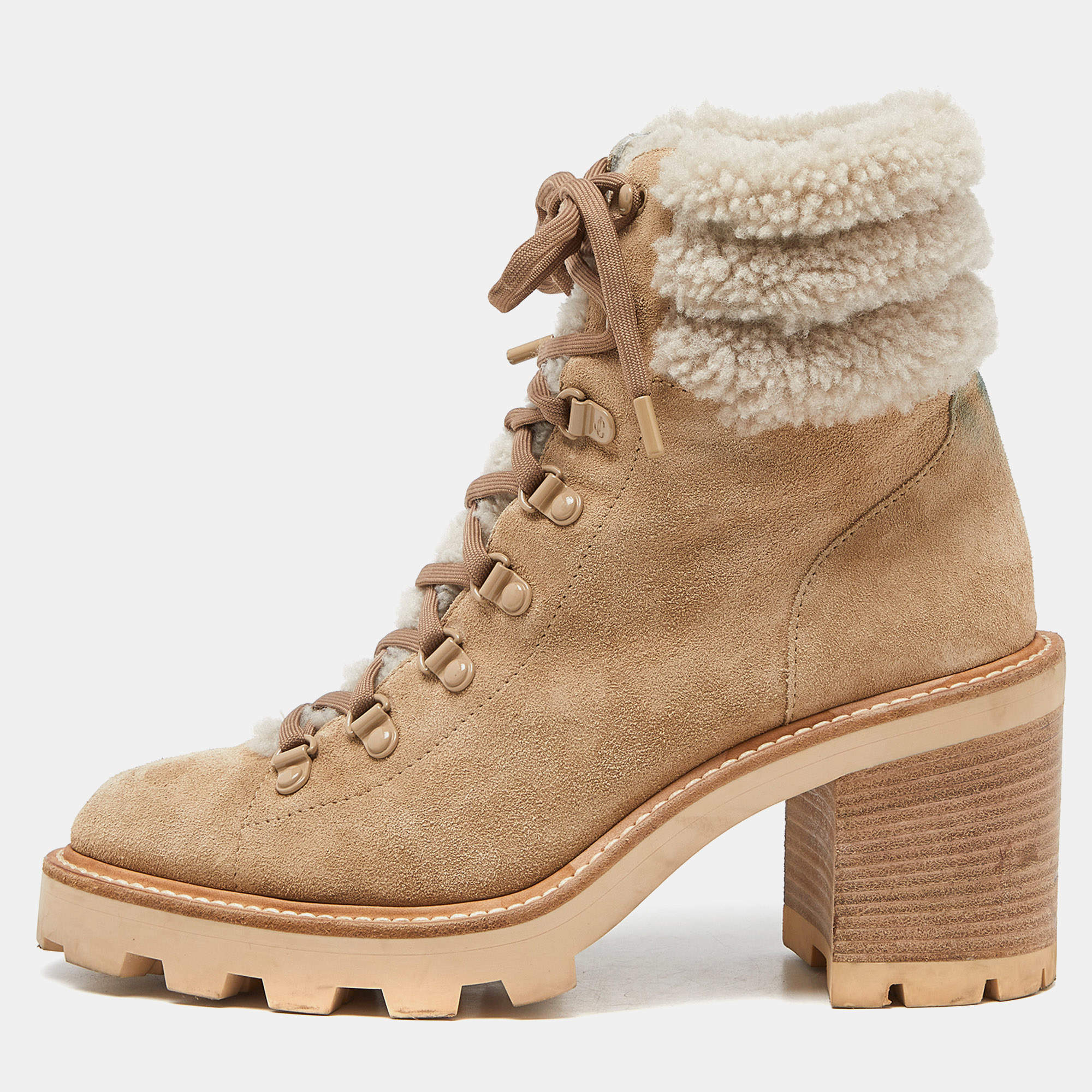 Pre Owned Jimmy Choo Beige Suede and Fur Block Heel Ankle Boots Size 39.5