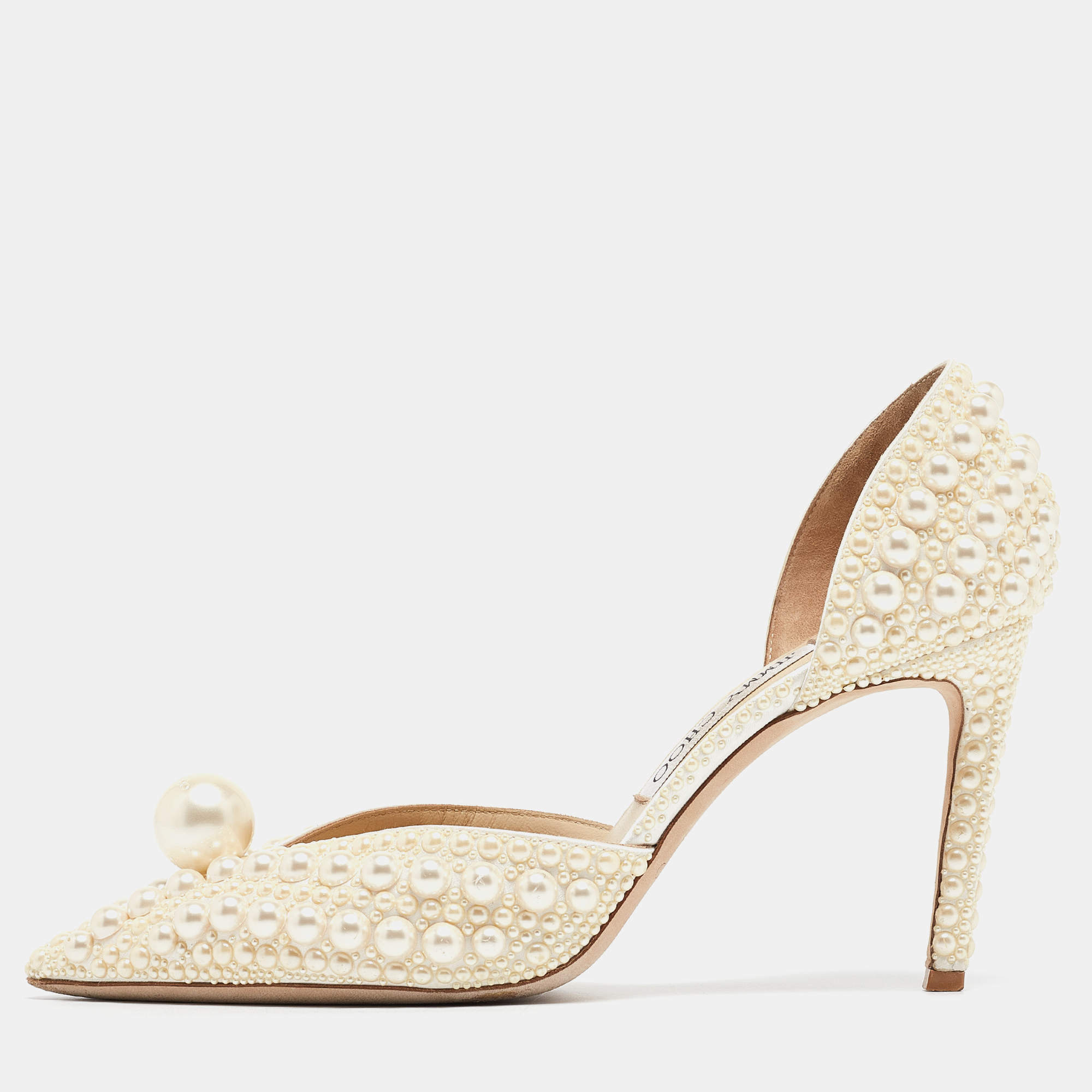 Pre Owned Jimmy Choo Off White Faux Pearl Embellished Satin Sabine Pumps Size 40
