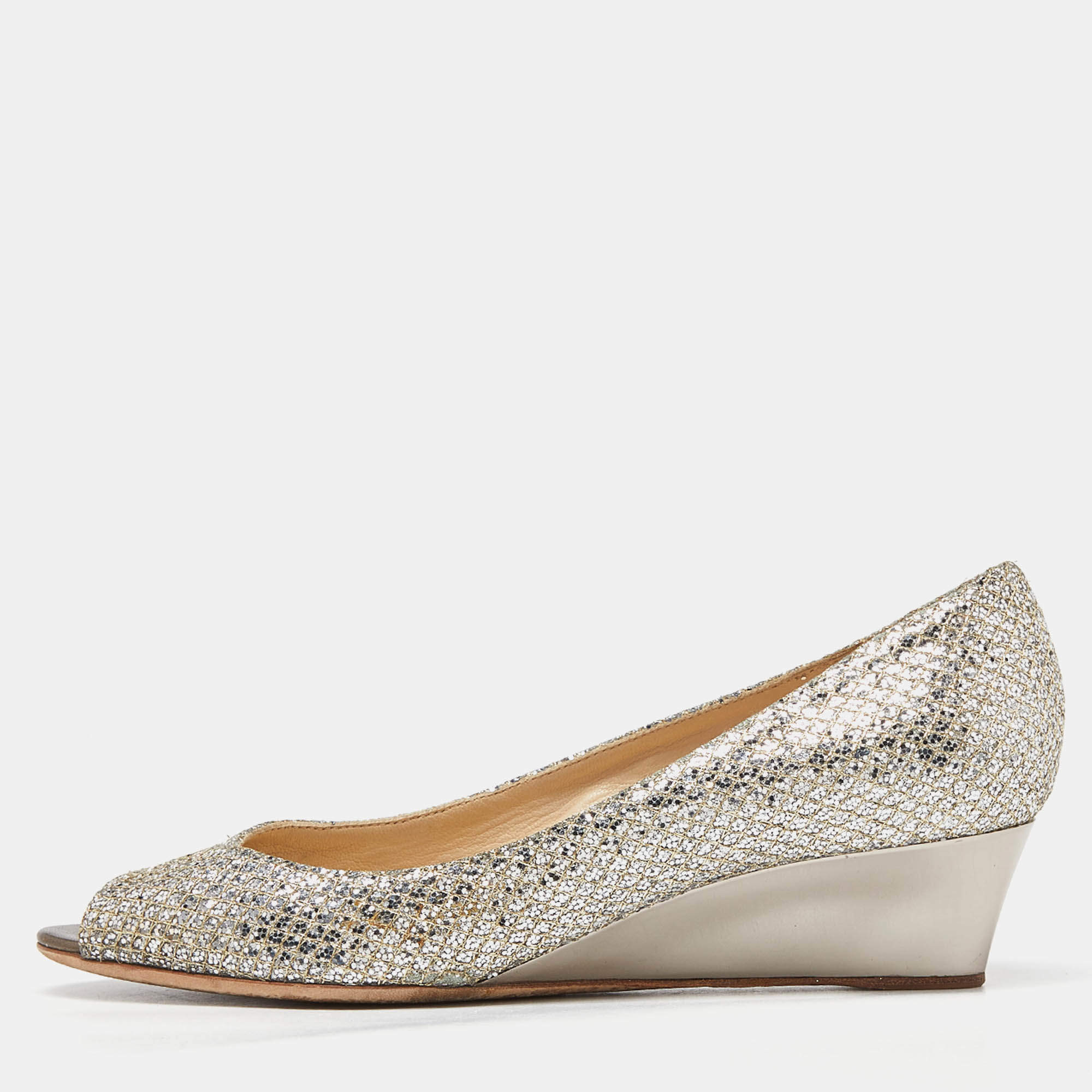 Jimmy Choo Silver Glitter Baxen Wedge Pumps Size 38