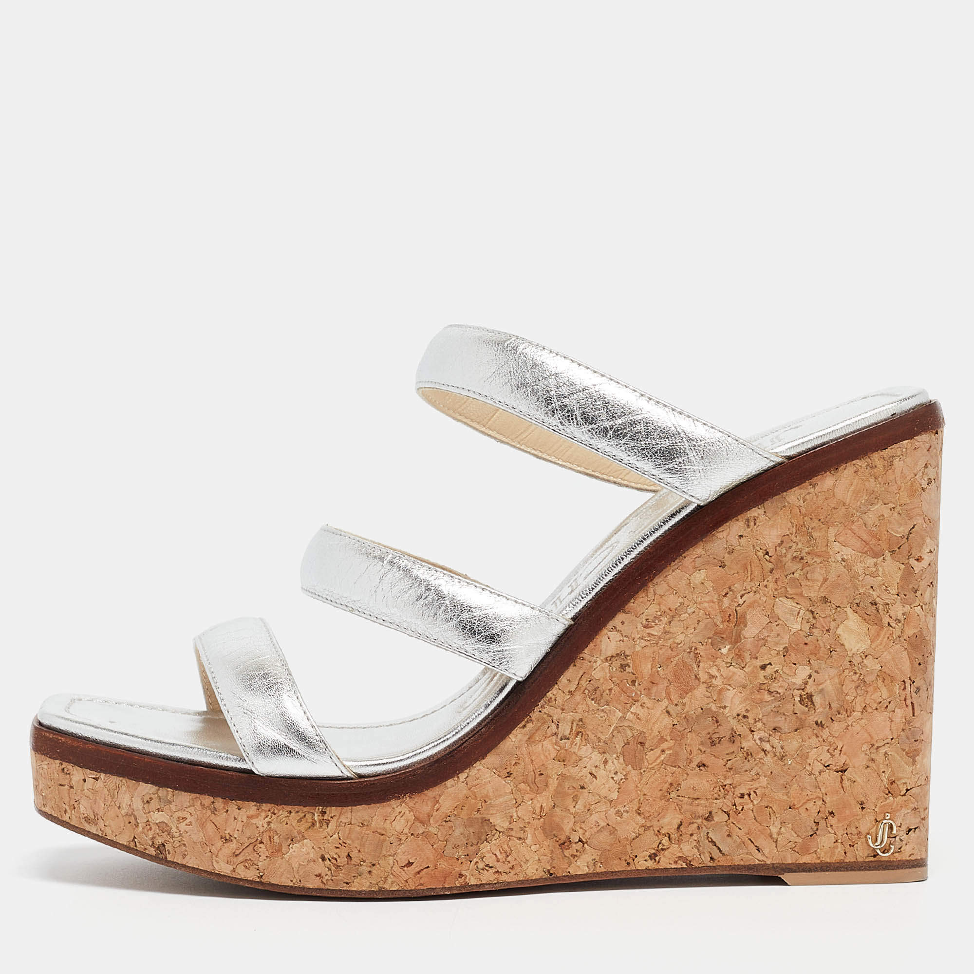 Pre Owned Jimmy Choo Silver Leather Athenia Wedge Sandals Size 39