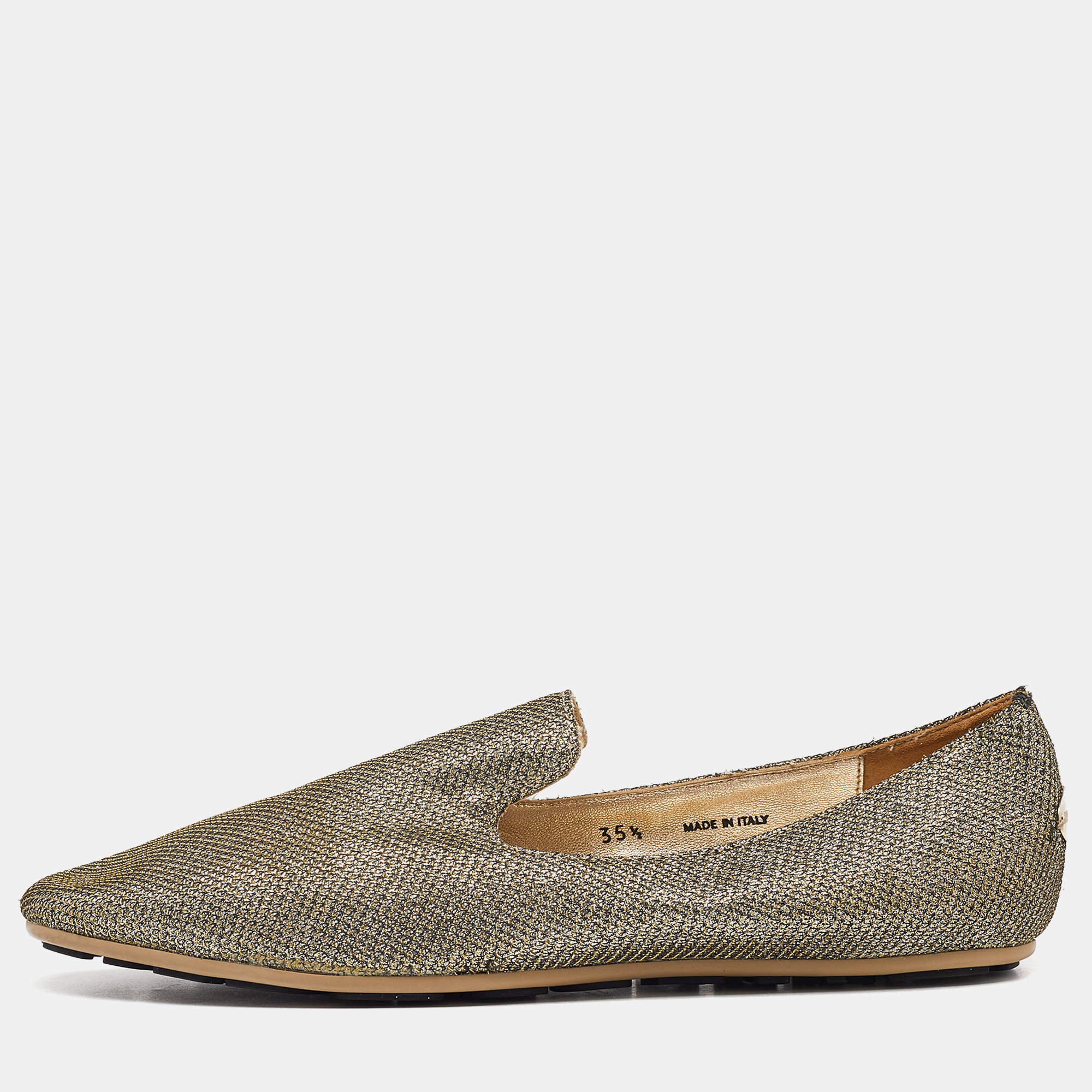 Pre Owned Jimmy Choo Gold Glitter Lame Fabric Slip On Smoking Slippers Size 35.5