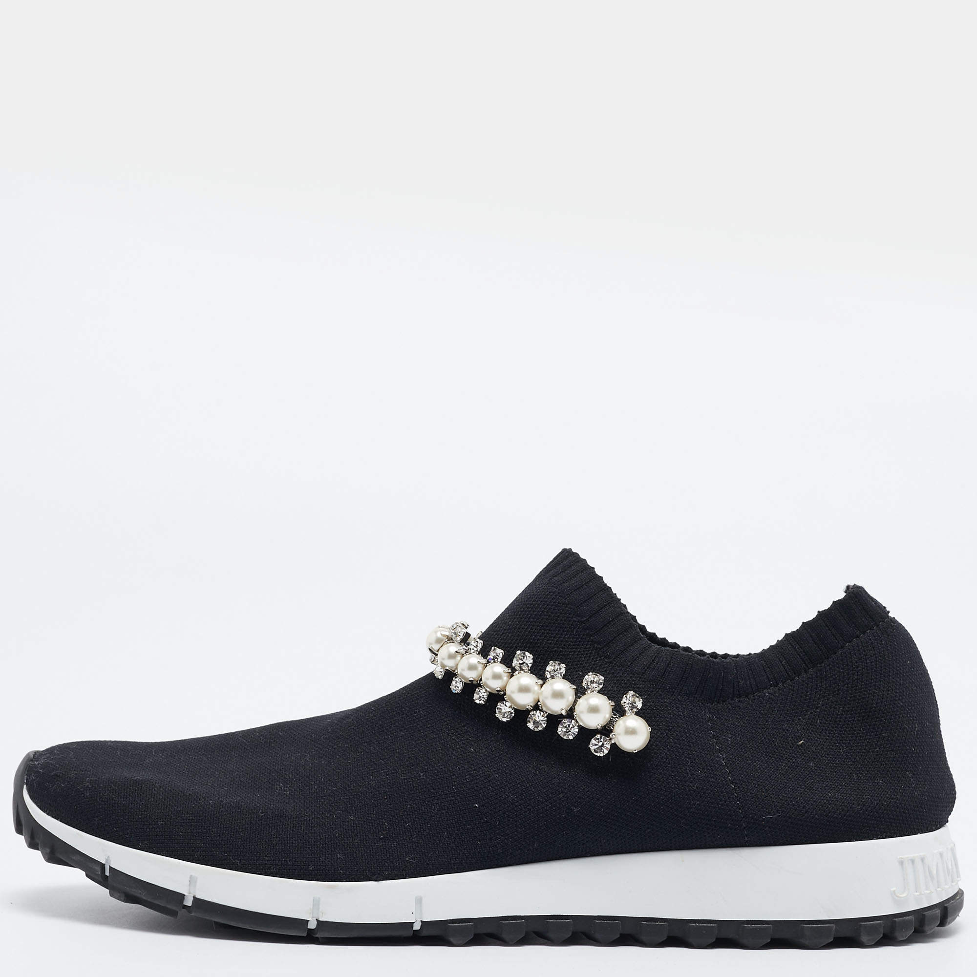 Pre Owned Jimmy Choo Black Knit Fabric Crystal Embellished Verona Sneakers Size 39