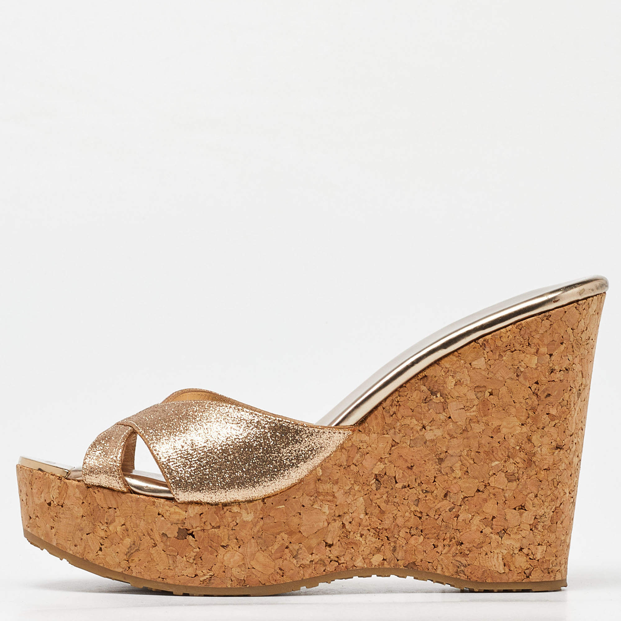 Pre Owned Jimmy Choo Gold Glitter Prima Cork Wedge Platform Sandals Size 36.5