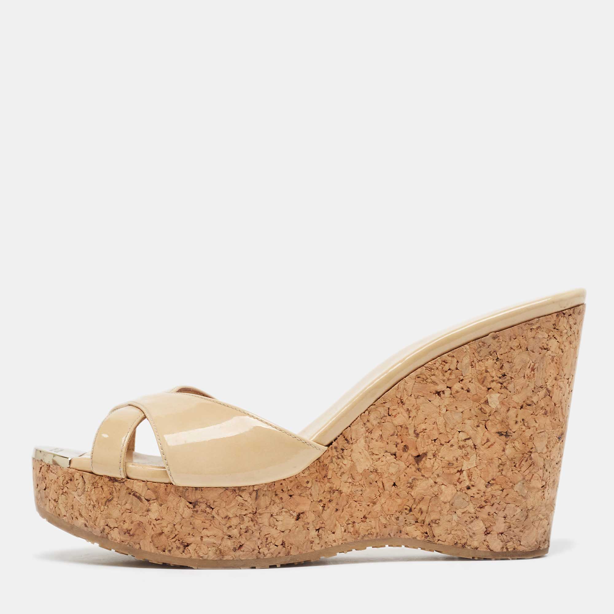 Pre Owned Jimmy Choo Beige Patent Leather Prima Cork Wedge Sandals Size 39