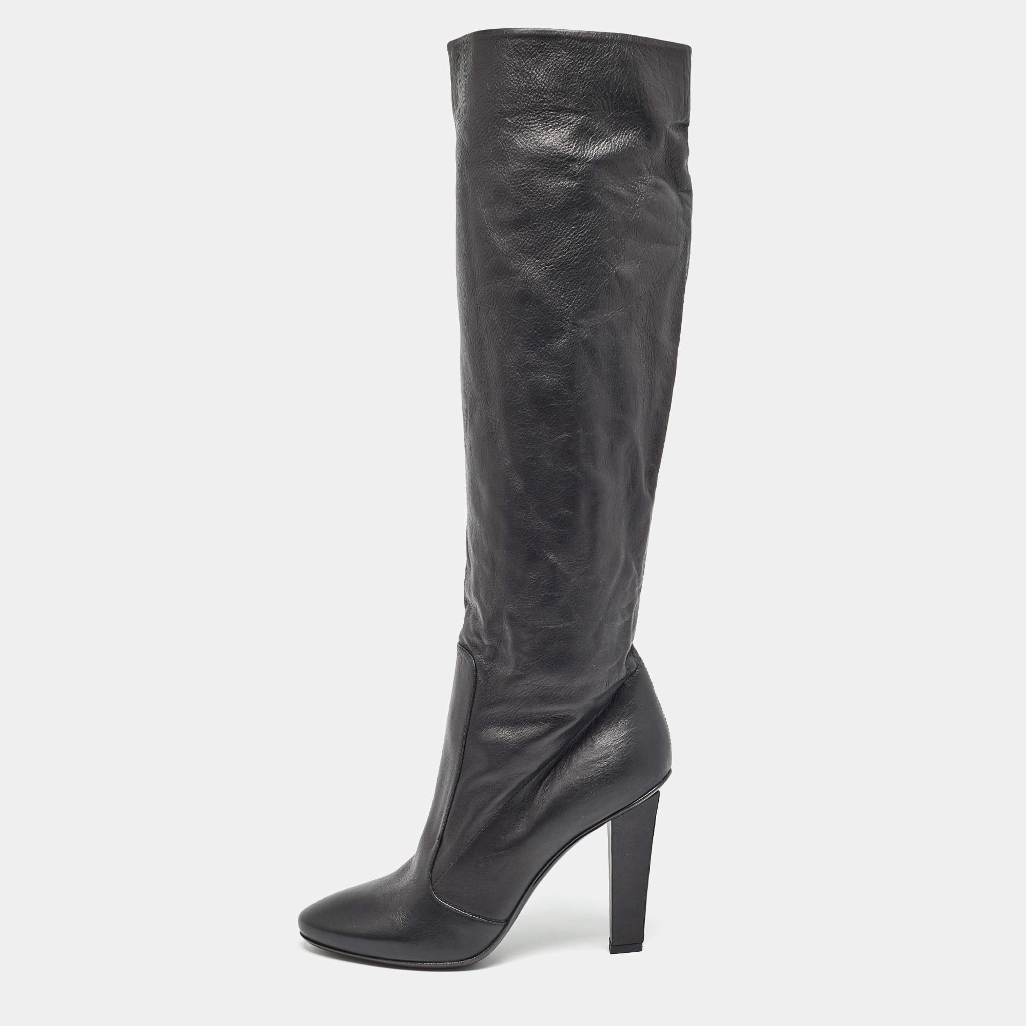 Pre Owned Jimmy Choo Black Leather Knee Length Boots Size 37