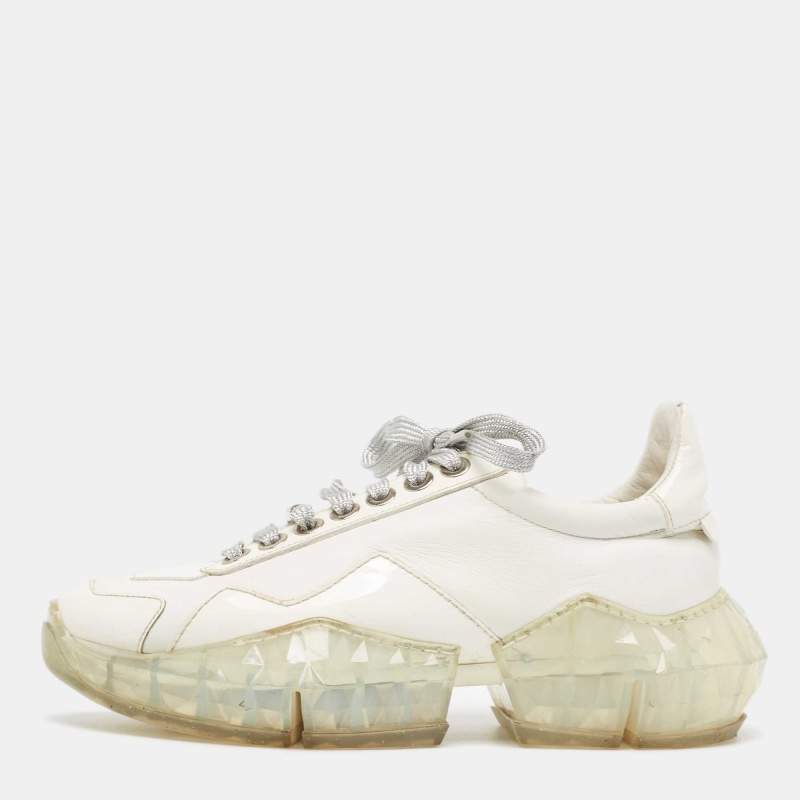 Pre Owned Jimmy Choo White Leather Diamond Sneakers Size 37