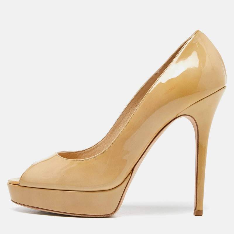 Jimmy Choo Beige Patent Leather Crown Peep Toe Pumps Size 40.5