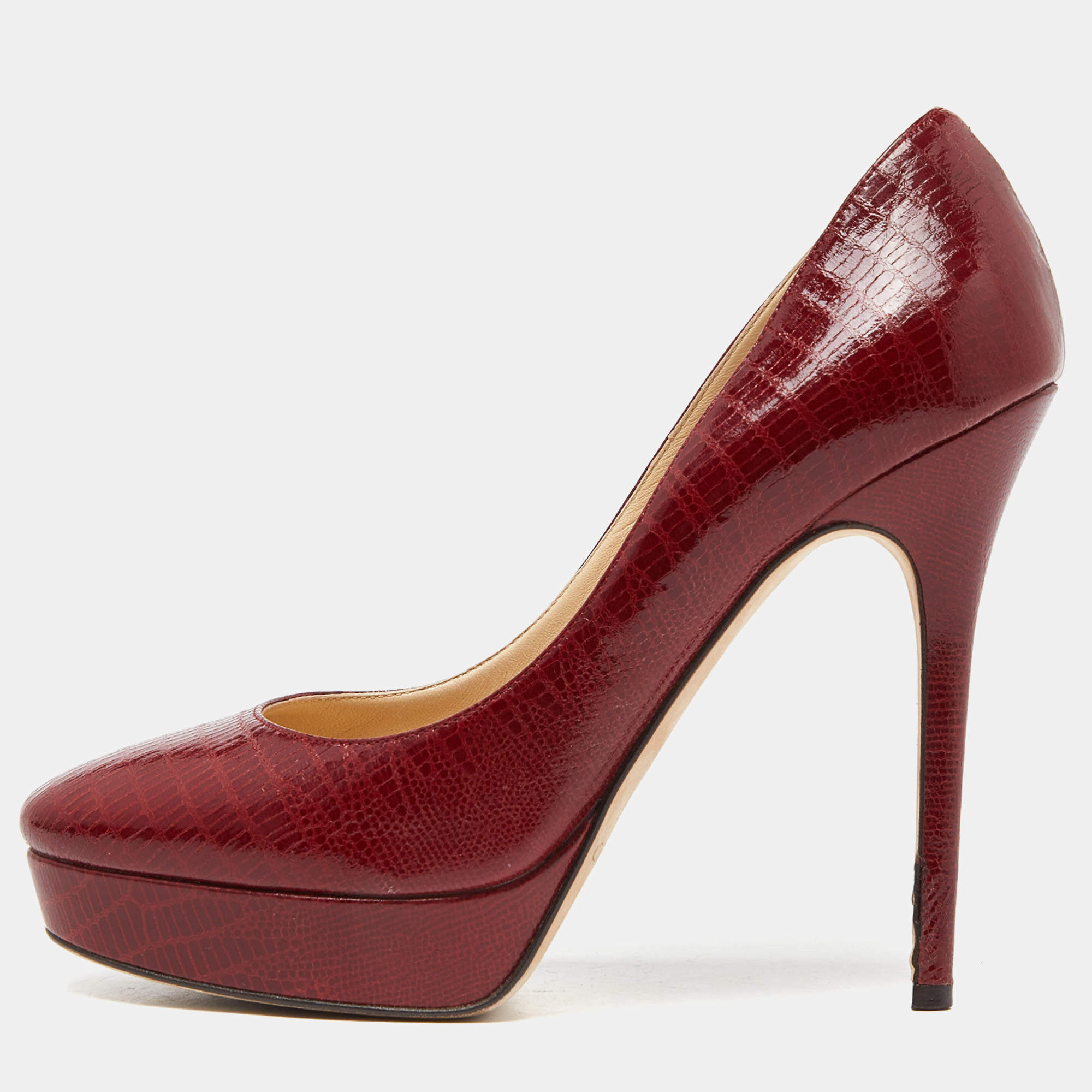 Jimmy Choo Red Lizard Embossed Leather Cosmic Pumps Size 39.5