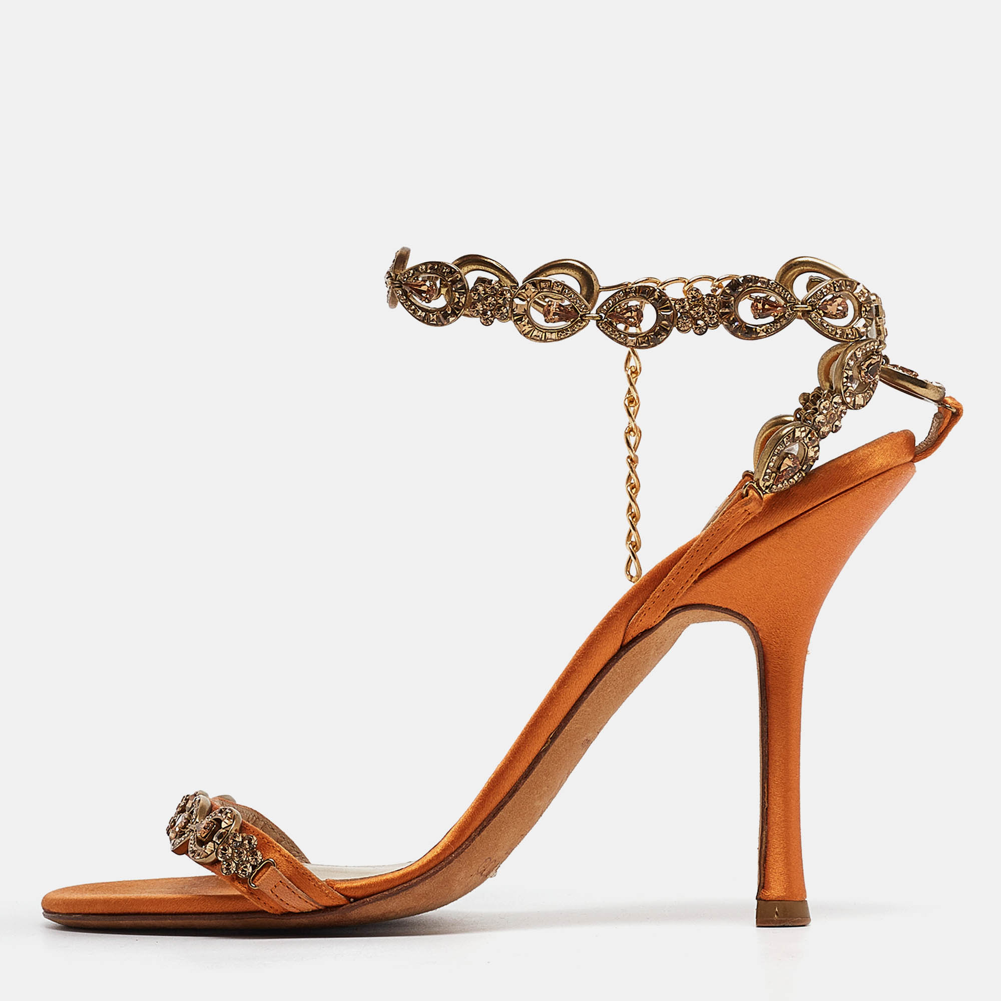 Jimmy Choo Orange Satin Crystals Embellished Sandals Size 37