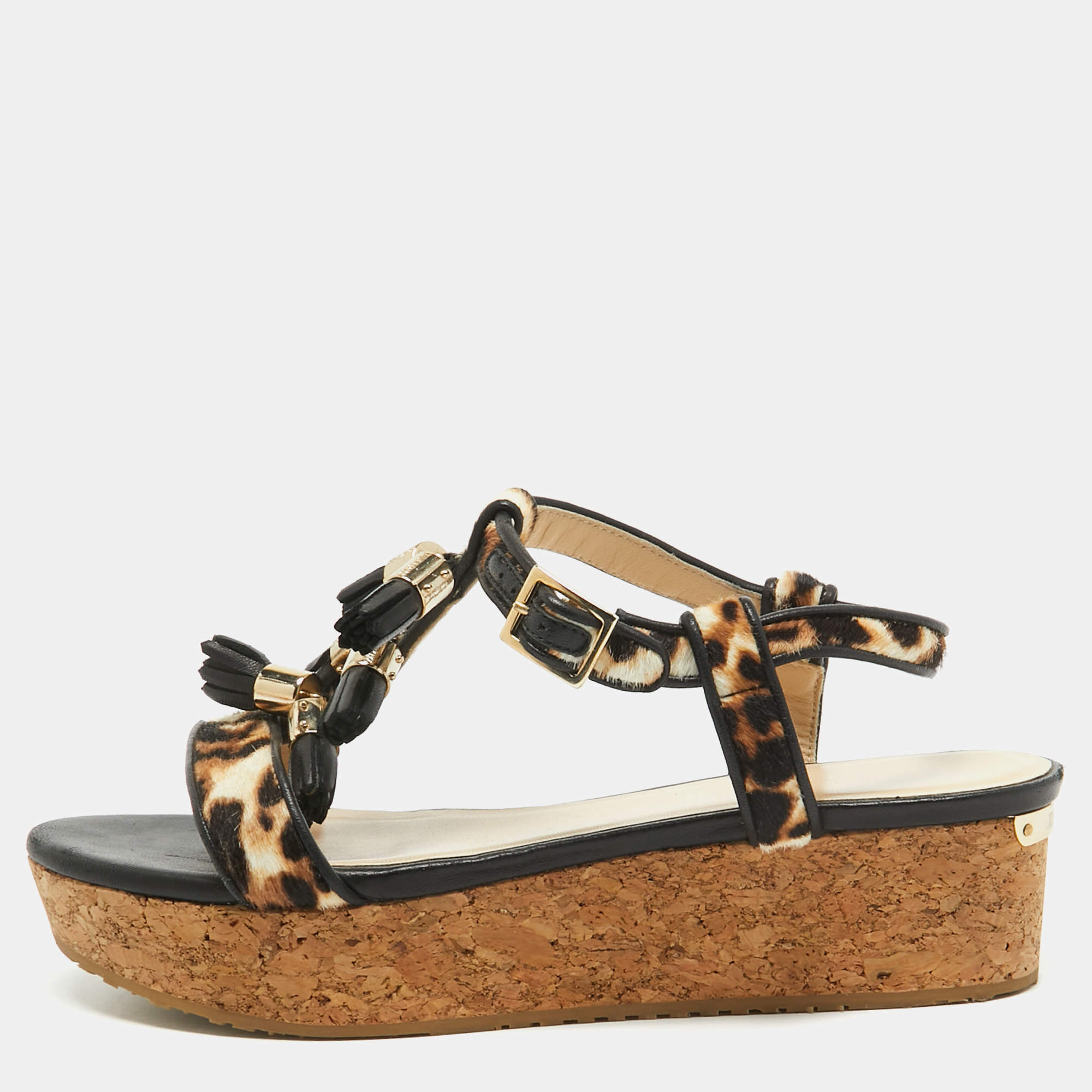 مملوكة مسبقًا Jimmy Choo Brown/Black Calf Hair and Leather Wedge Ankle Strap Sandals Size 38.5