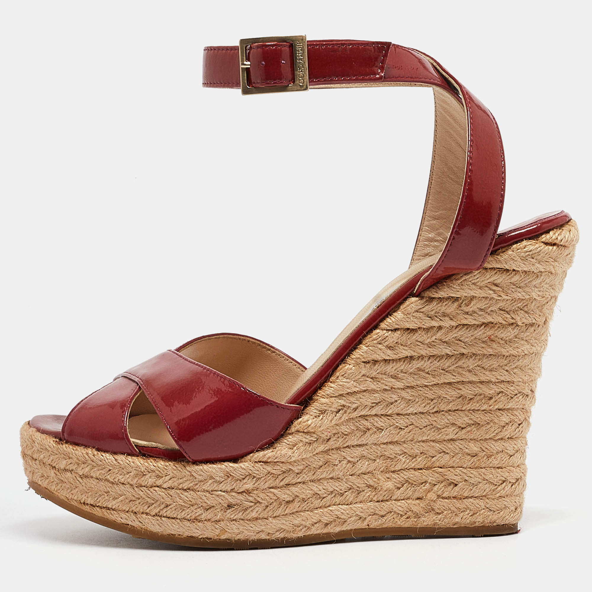 Jimmy Choo Burgundy Patent Leather Phoenix Espadrille Wedge Sandals Size 38