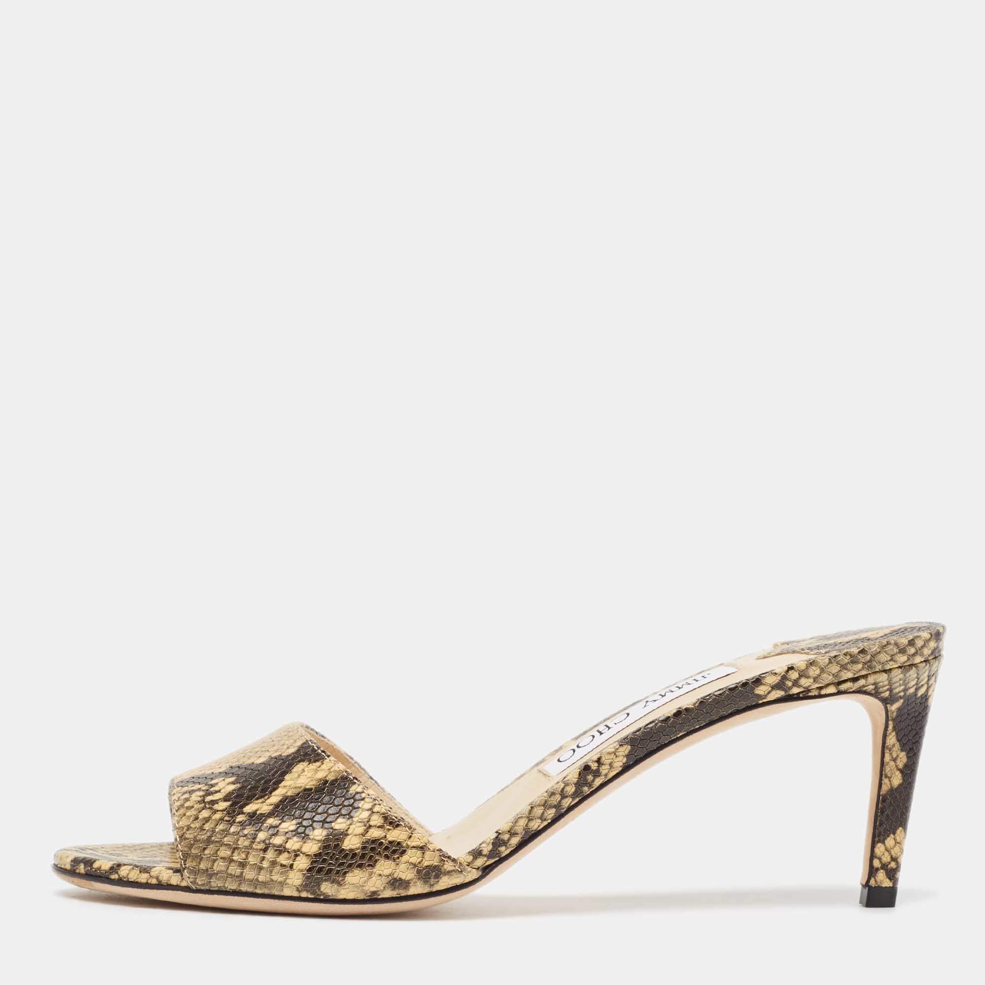 مملوكة مسبقًا Jimmy Choo Beige/Brown Python Embossed Leather Open Toe Slide Sandals Size 38