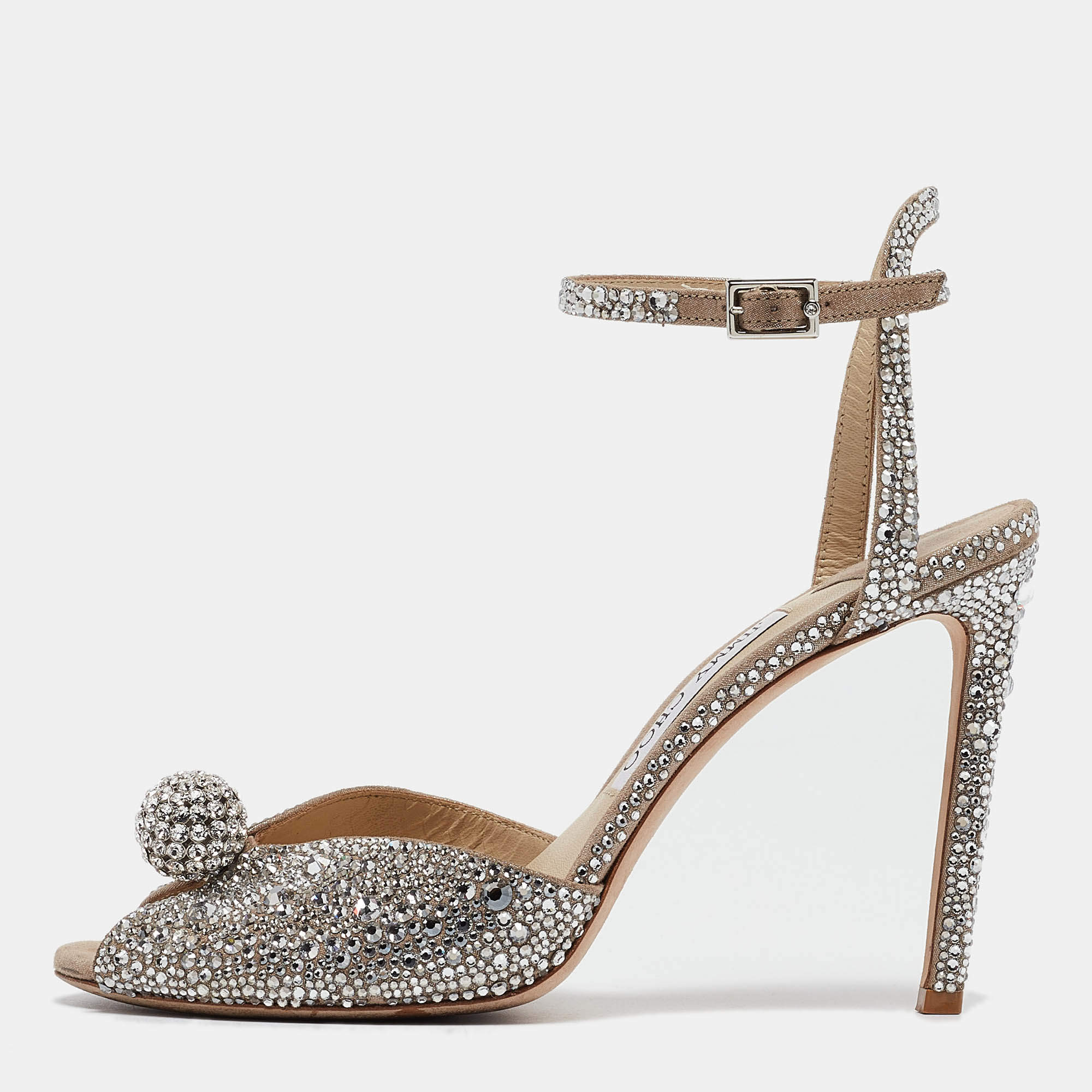 Pre Owned Jimmy Choo Silver Crystal Embellished Leather Sacora Ankle Strap Sandals Size 40