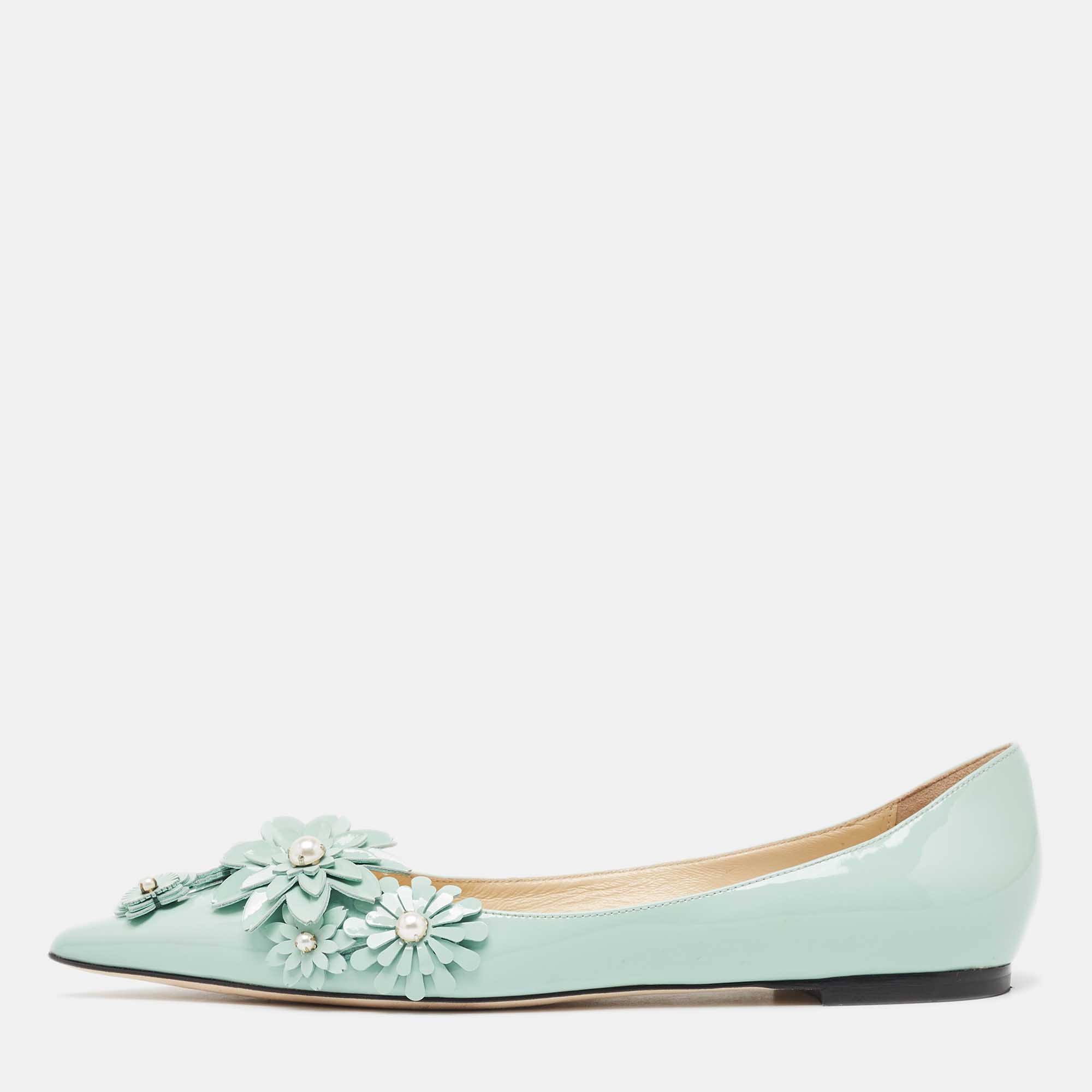 Pre Owned Jimmy Choo Mint Green Patent Leather Embellished Ballet Flats Size 37