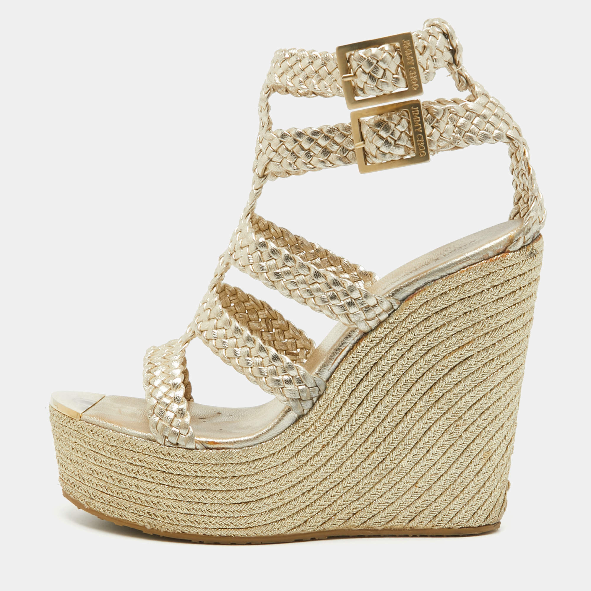Jimmy Choo Gold Braided Leather Wedge Sandals Size 39
