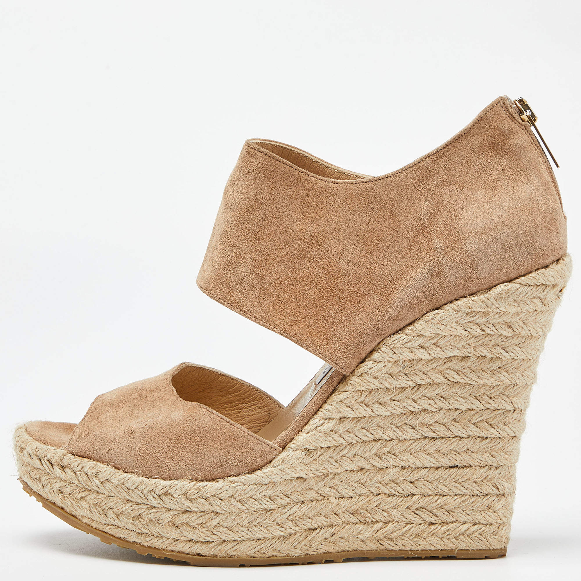 Pre Owned Jimmy Choo Beige Suede Wedge Espadrille Ankle Strap Sandals Size 38.5