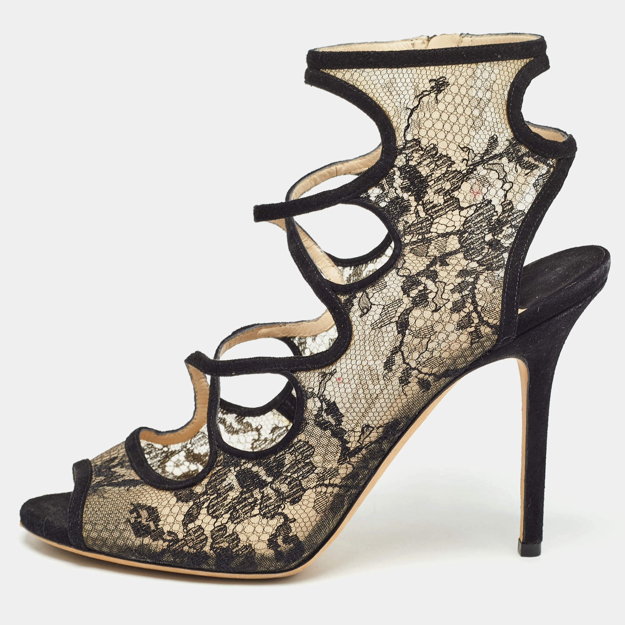 Pre Owned Jimmy Choo Black Lace and Suede Strappy Sandals Size 41