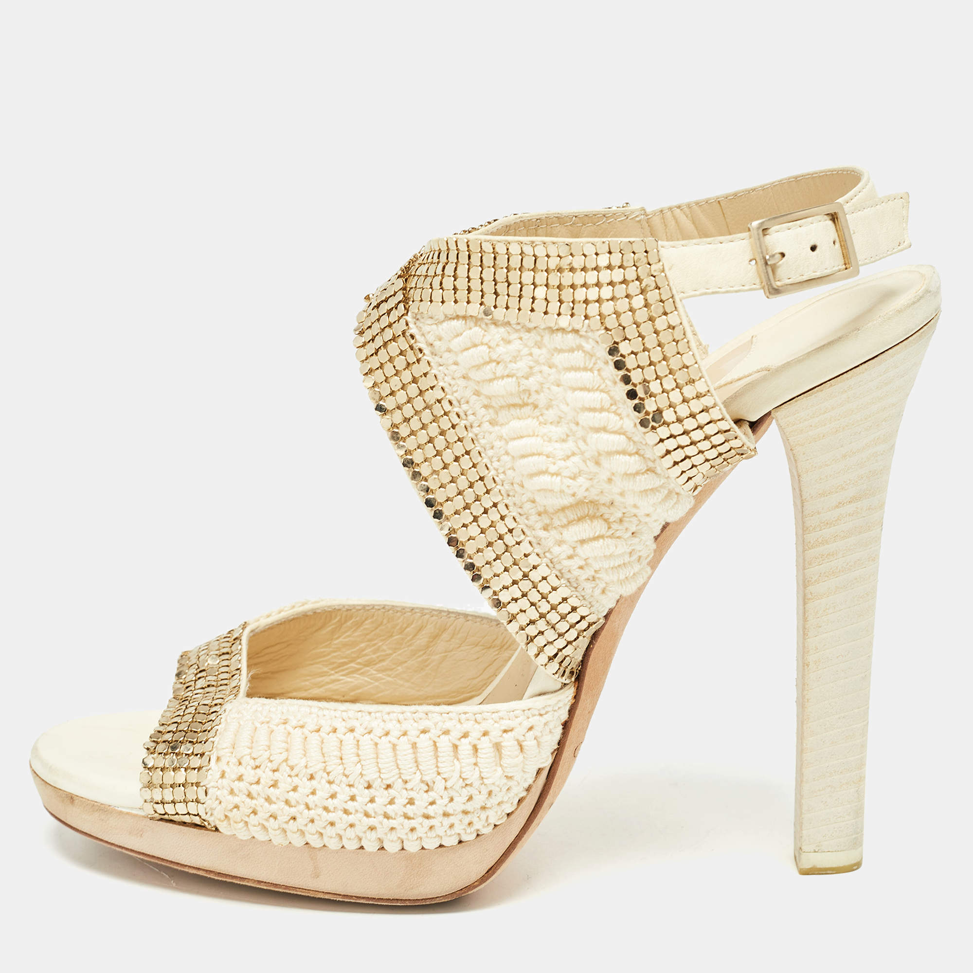 Jimmy Choo Knit Fabric Embellished Ankle Strap Sandals Size 39