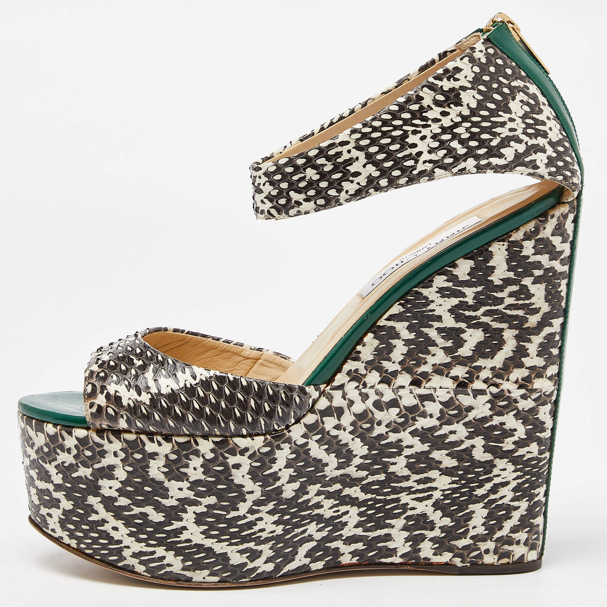 Pre Owned Jimmy Choo Tri Color Snakeskin and Patent Leather Wedge Sandals Size 38.5