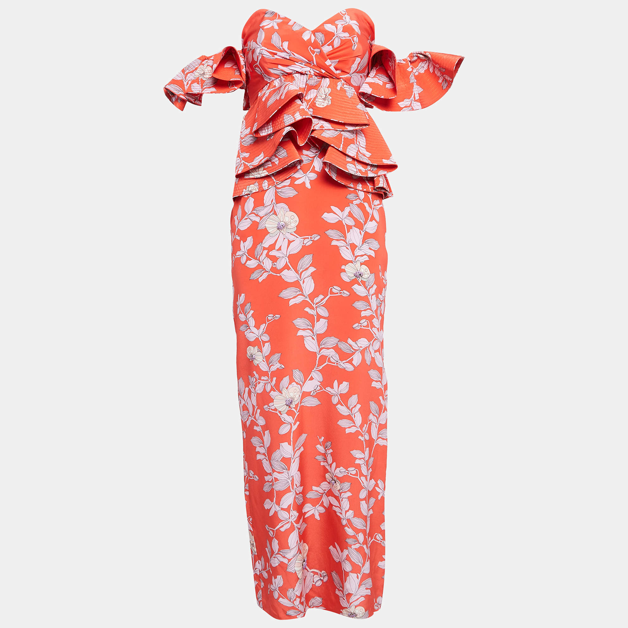 Johanna Ortiz Red Bougainvillea Print Silk Off-Shoulder Maxi Dress M