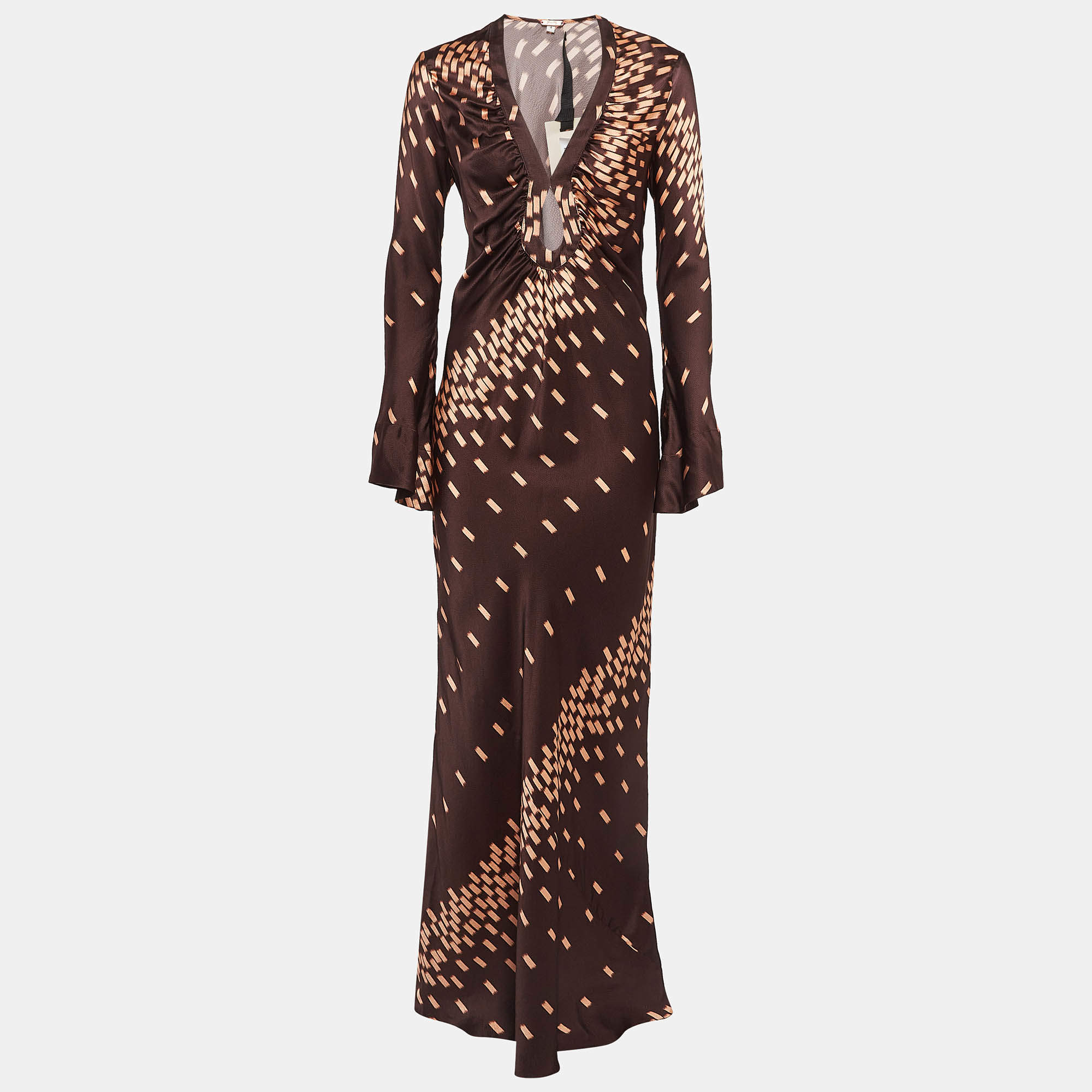 Johanna Ortiz Brown Voragine Abstract Print Silk Maxi Dress S