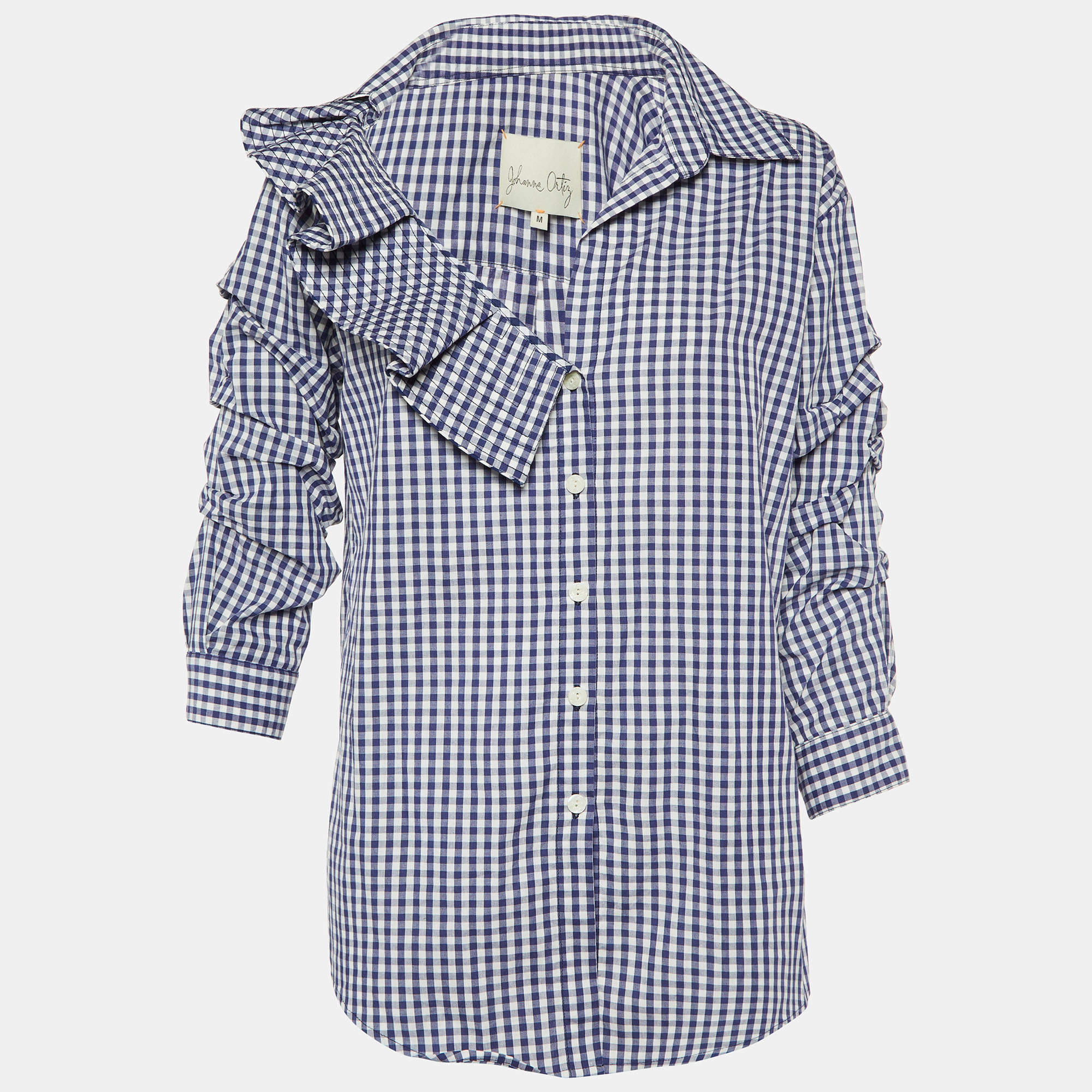 مملوكة مسبقًا Johanna Ortiz Navy Blue Checked Cotton Cellophane Flower Shirt M