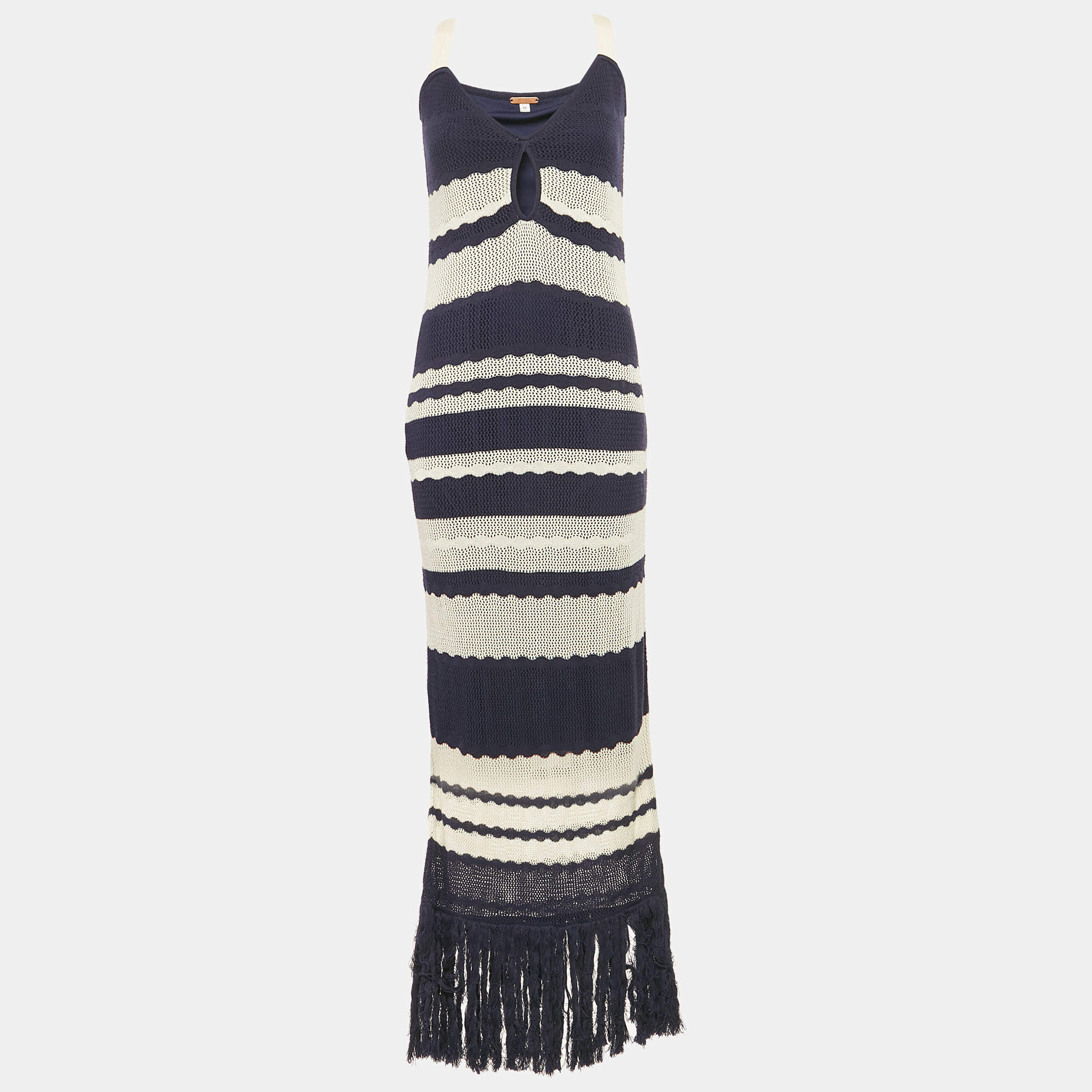 Pre Owned Johanna Ortiz Off-White/Navy Blue Knit Sleeveless Fringed Maxi Dress M