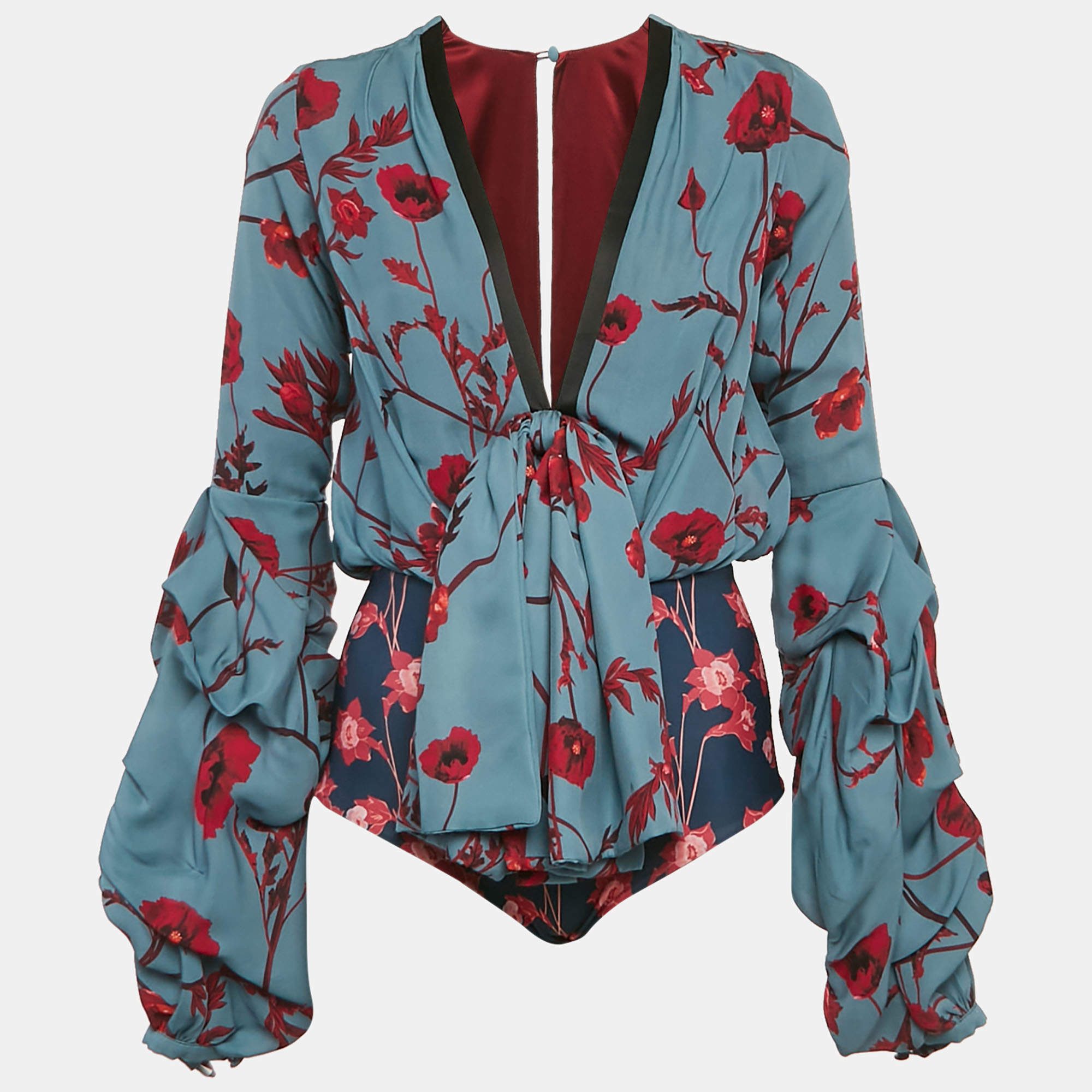 مملوكة مسبقًا Johanna Ortiz Blue Floral Print Silk Blend Bow Detail Bodysuit XS