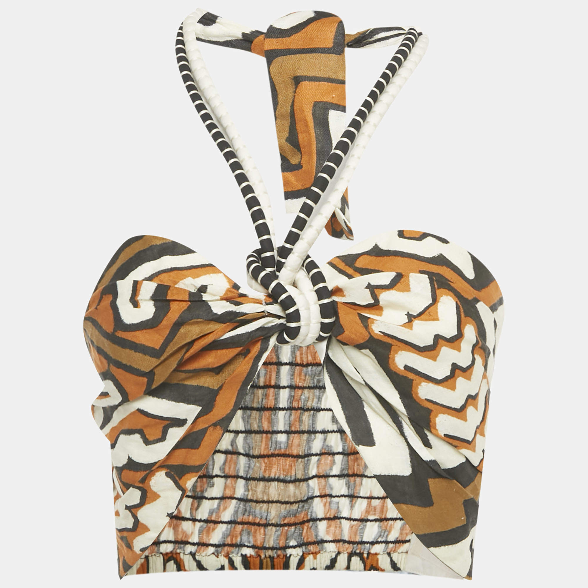 Pre Owned Johanna Ortiz Brown Printed Linen Bralette Top M