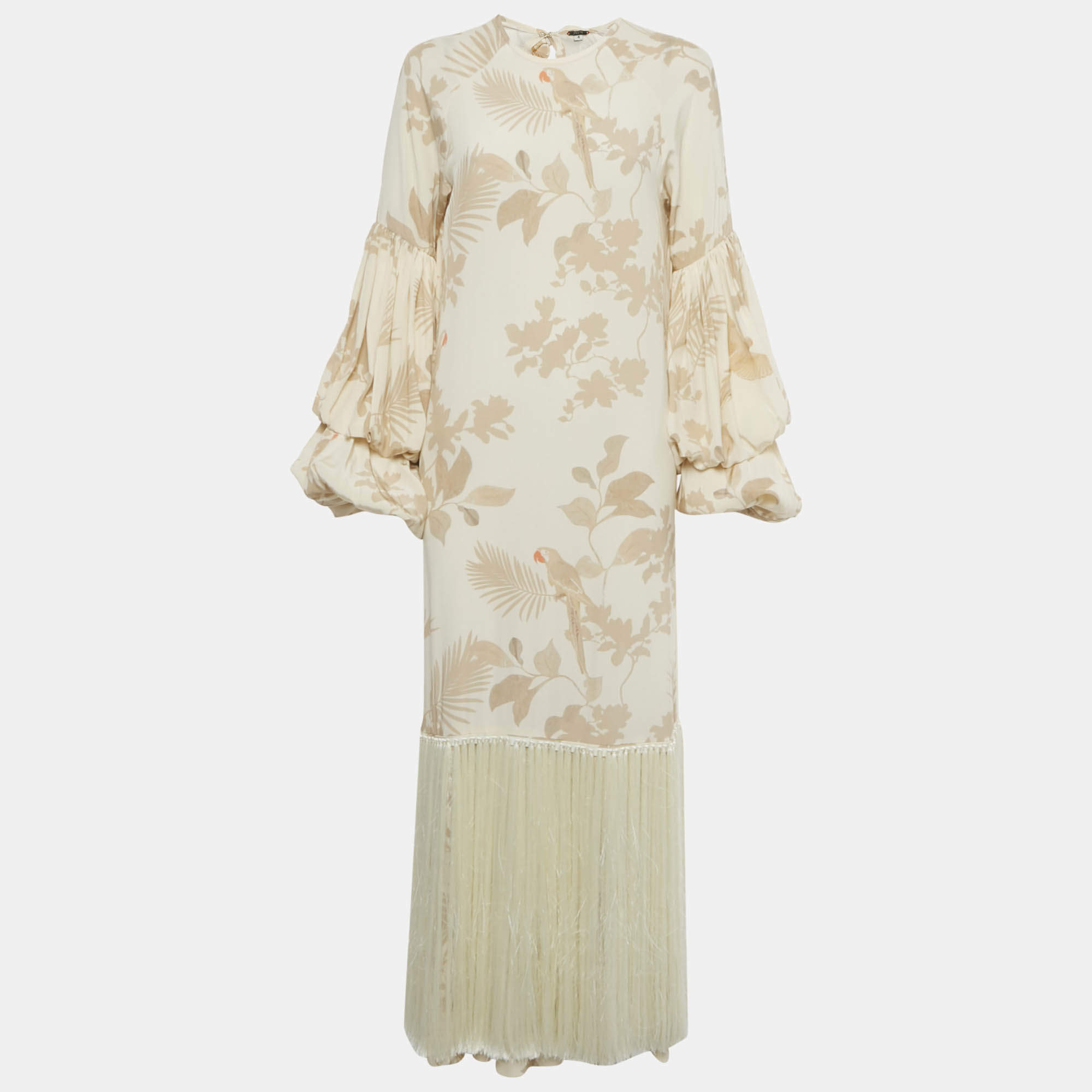 مملوكة مسبقًا Johanna Ortiz Beige Printed Silk Fringe Detail Dress M