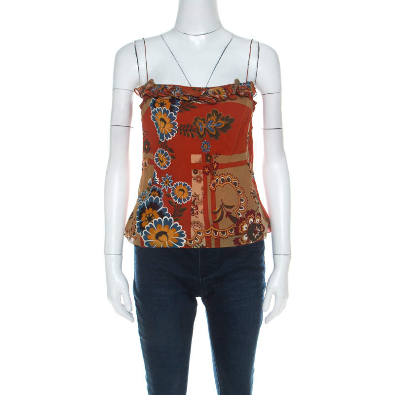 John Galliano Rust Orange Floral Print Silk Camisole Top M