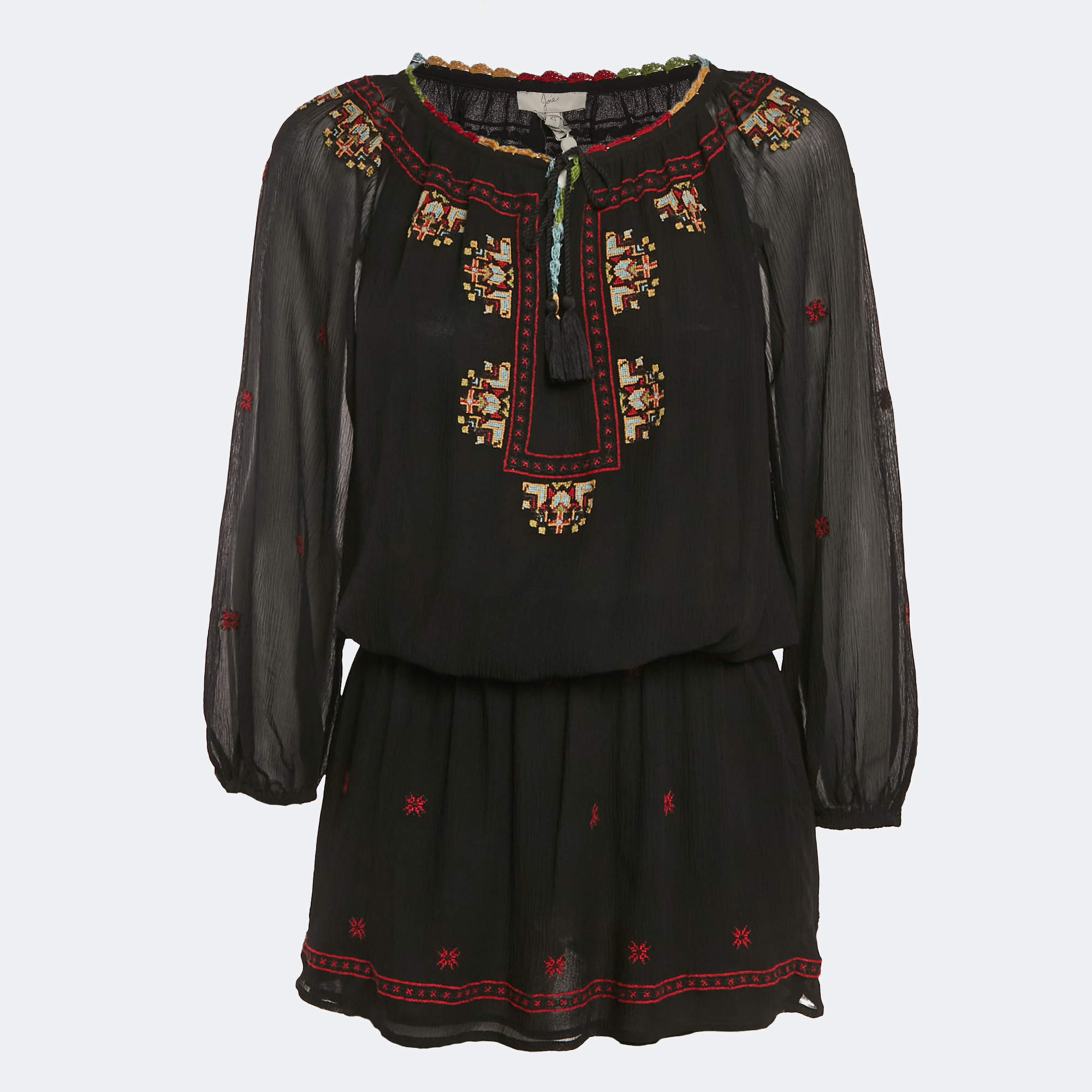 Pre Owned Joie Black Embroidered Silk Crepe Geromine Mini Dress XS