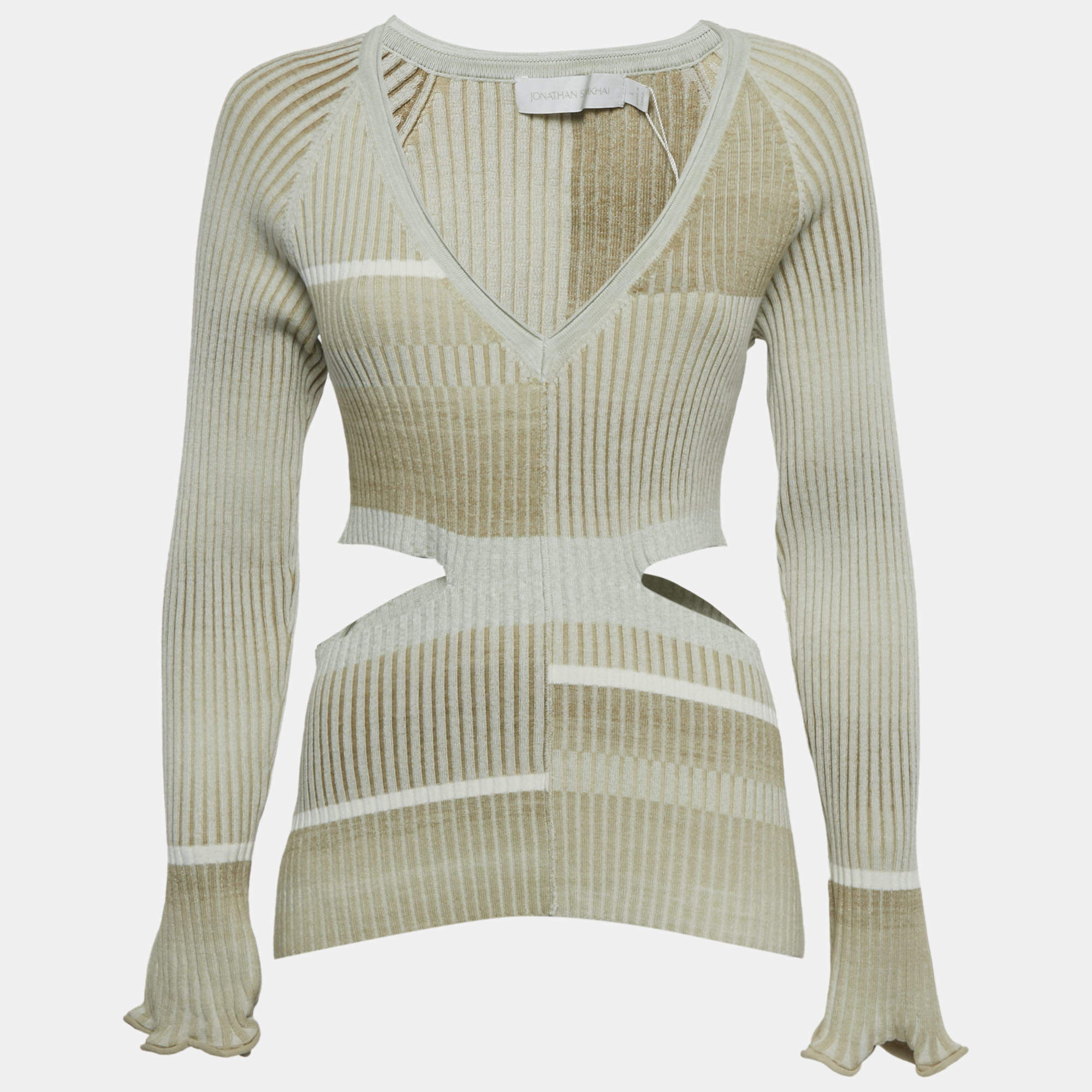 Pre Owned Jonathan Simkhai Beige Peyton Striped Rib Knit Cut-Out Top L