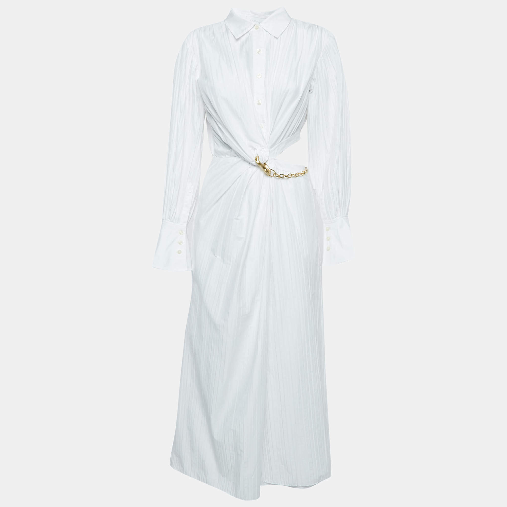 Pre Owned Jonathan Simkhai White Pleated Cotton Blend Chain Detail Long Dress M