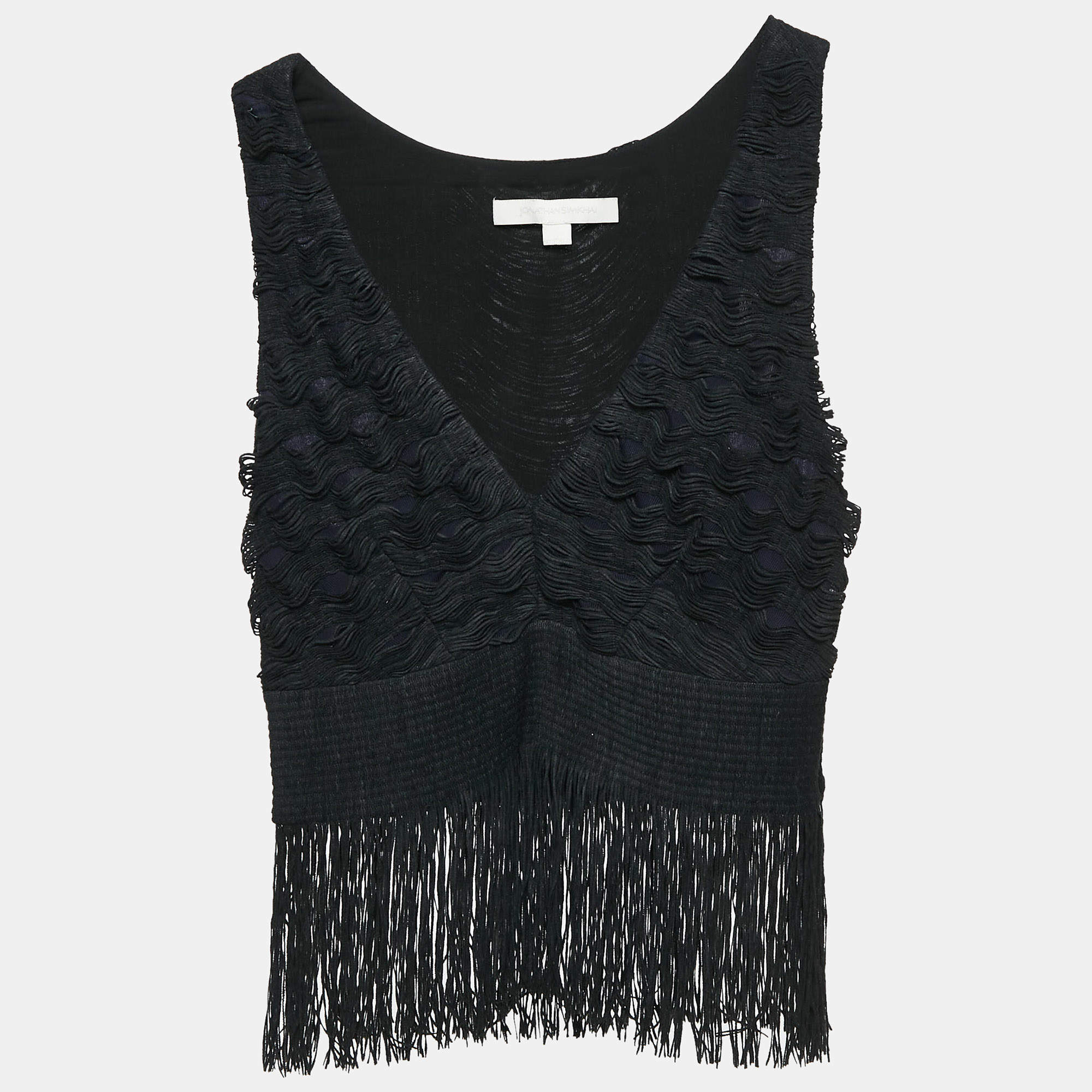 Jonathan Simkhai Black Jersey Fringed Sleeveless Top XS