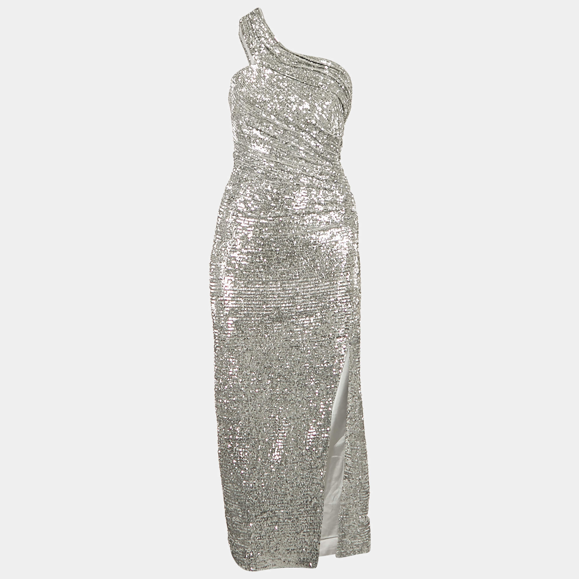 Jonathan Simkhai Silver One Shoulder Sequin Midi Dress S