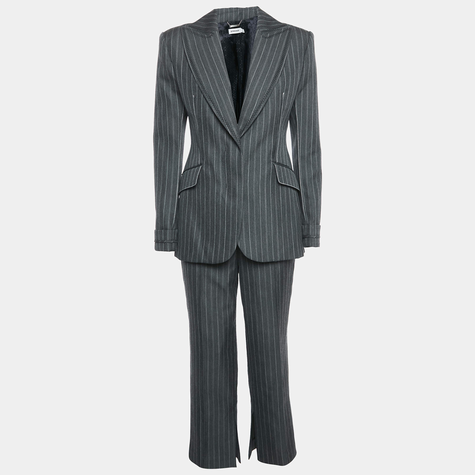 Jonathan Simkhai Charcoal Grey Pin Stripe Wool Blend Pants Suit S