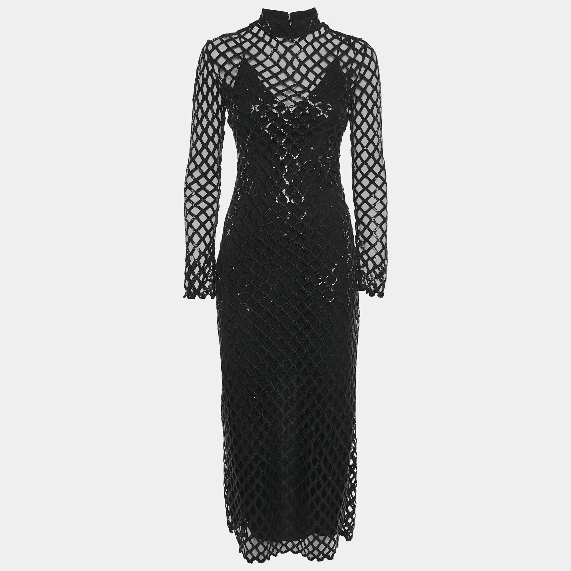 Jonathan Simkhai Black Honeycomb Sequin Mesh Ainaz Long Dress S