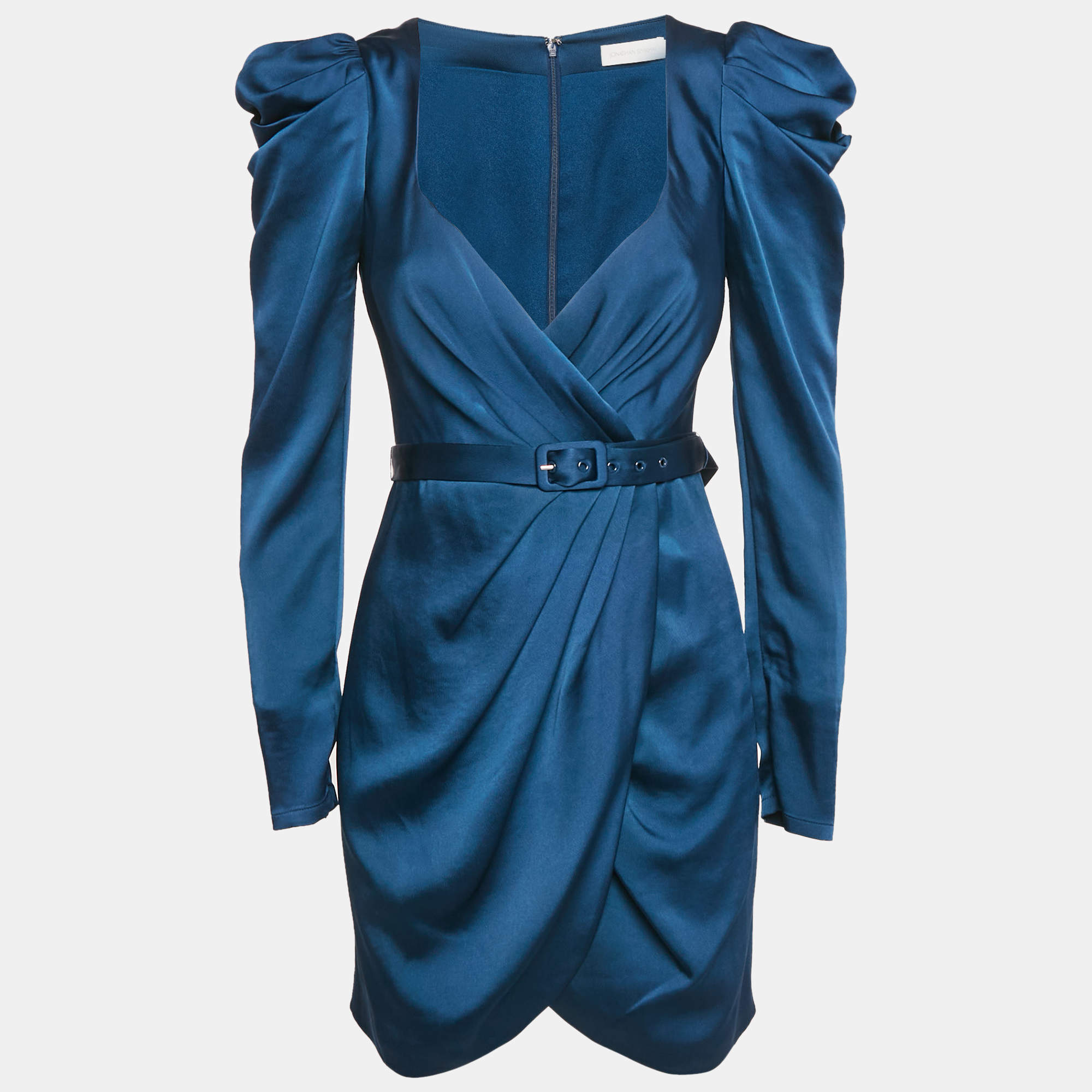 Pre Owned Jonathan Simkhai Blue Satin V-Neck Belted Mini Dress S