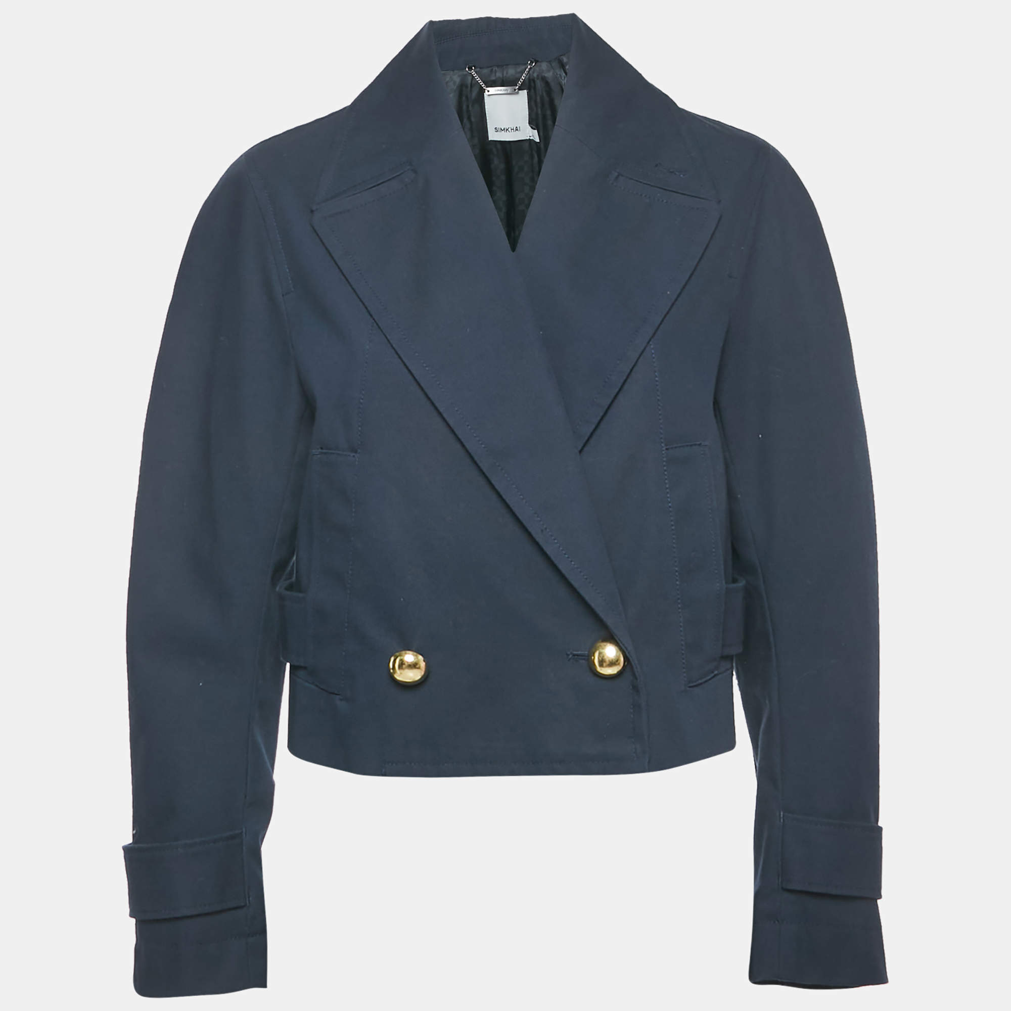 Pre Owned Jonathan Simkhai Navy Blue Cotton Double Breasted Olina Cropped Jacket S